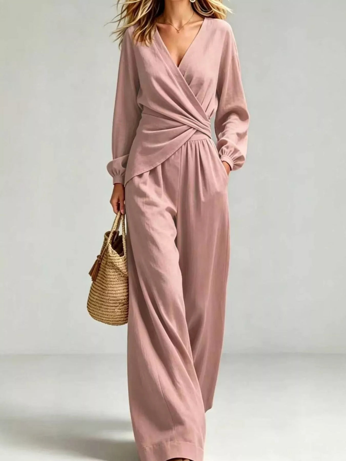 V-Neck Long Sleeve Top and Wide-Leg Pants Set — front view