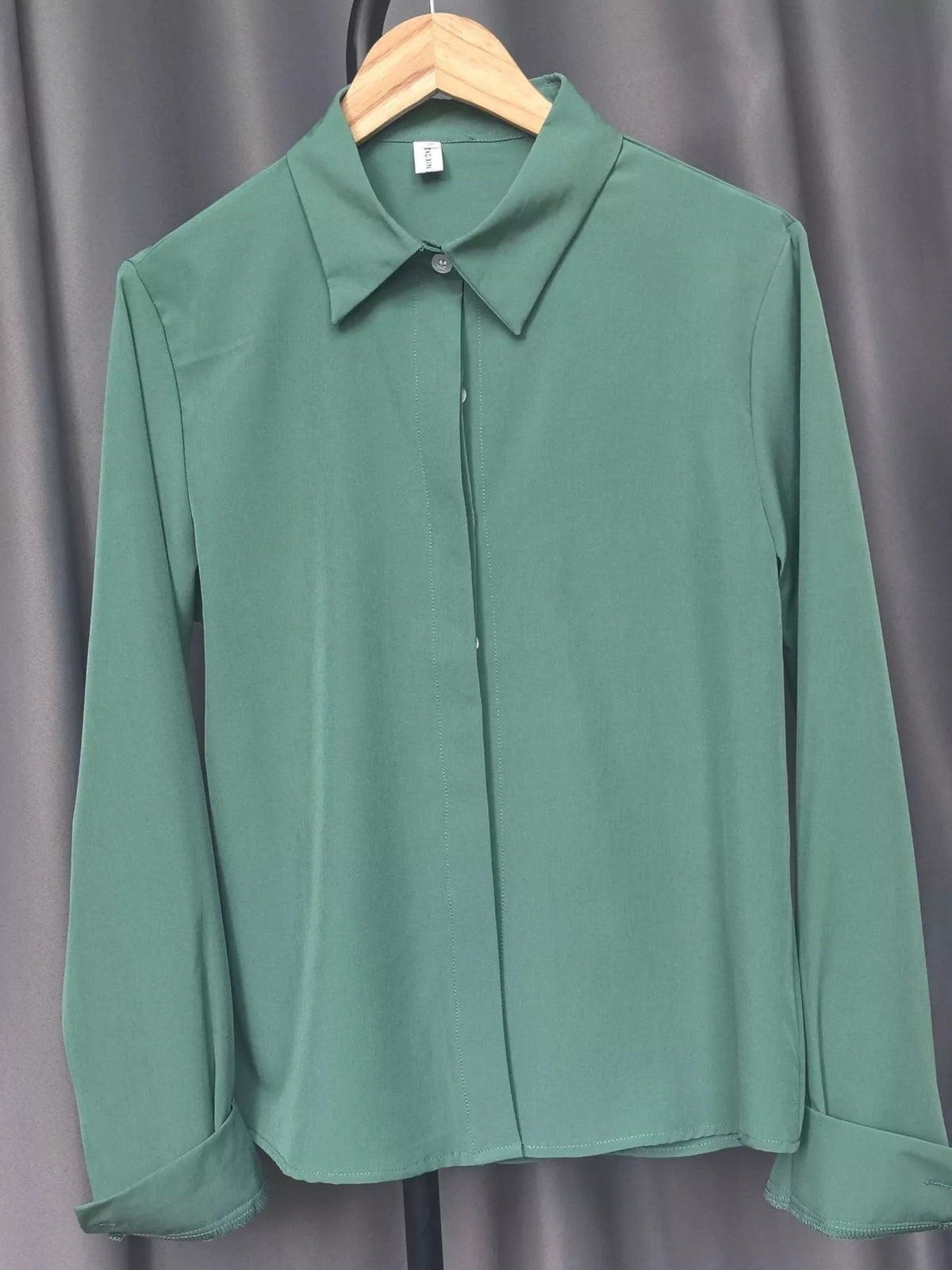 Button-up shirt, sage hanging front