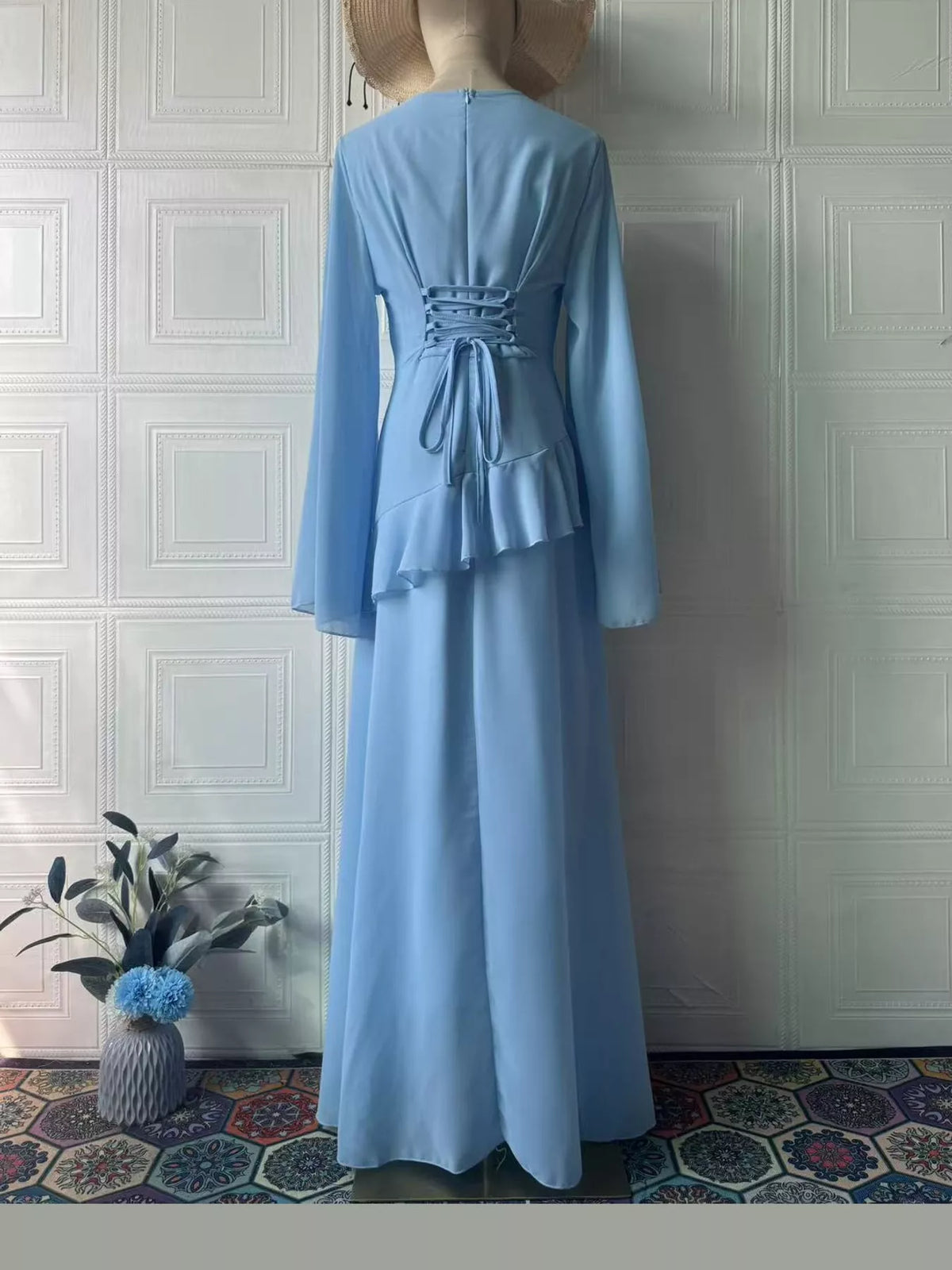 Light blue ruffled flare sleeve maxi dress, back view