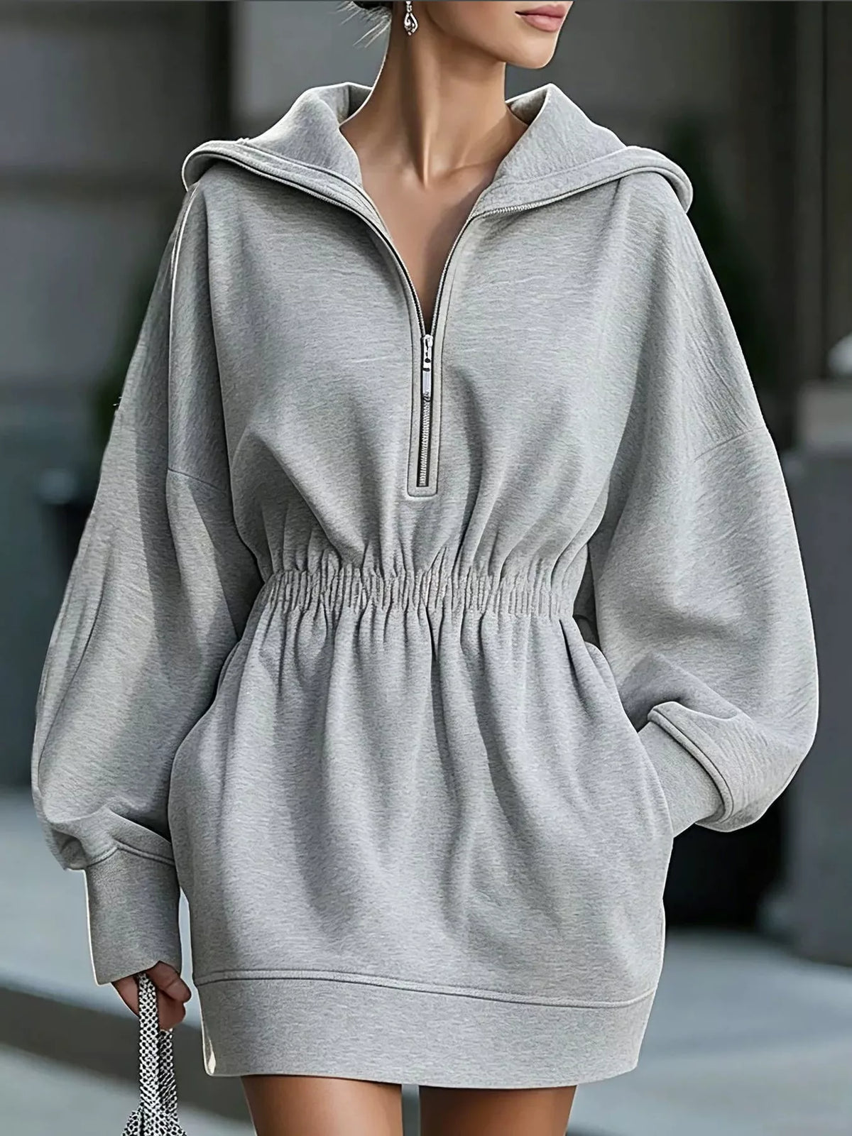 Half-Zip Hooded Sweatshirt Dress — front view