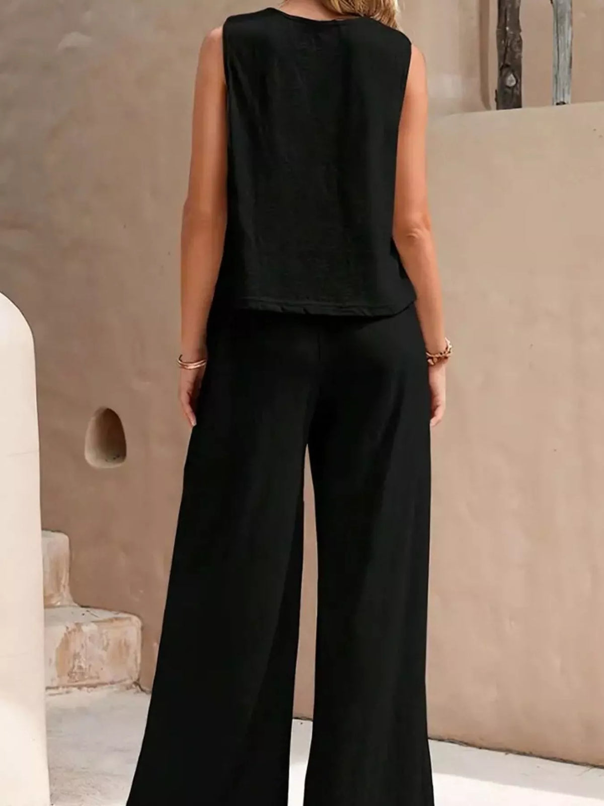 Sleeveless Tank Top and Wide-Leg Pants Set — back view