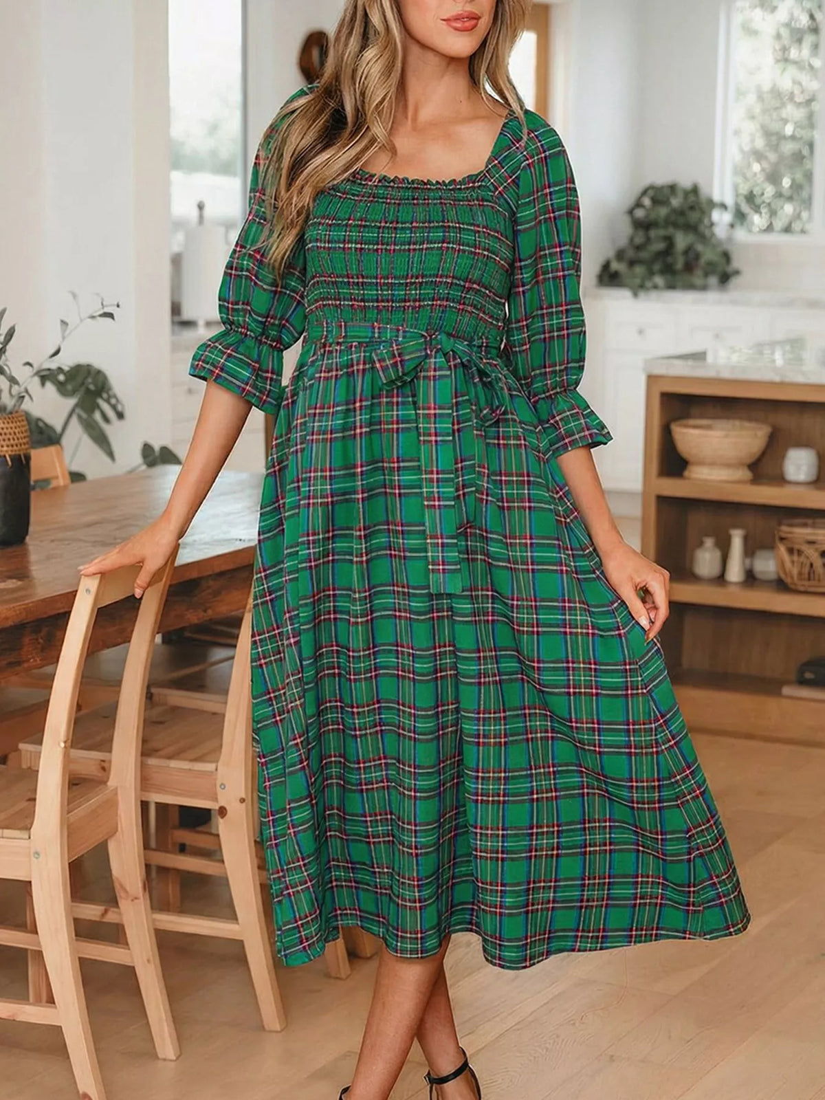 Dark Green plaid square neck puff sleeve tie-waist midi dress