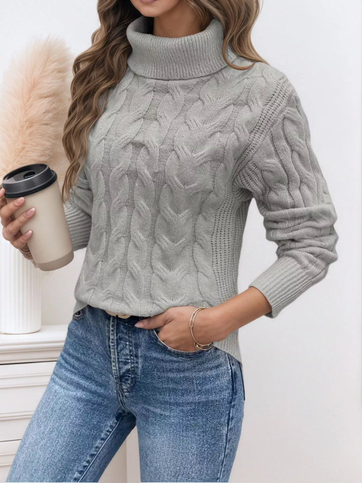 Women's Cable-Knit Turtleneck Sweater in Khaki, front view
