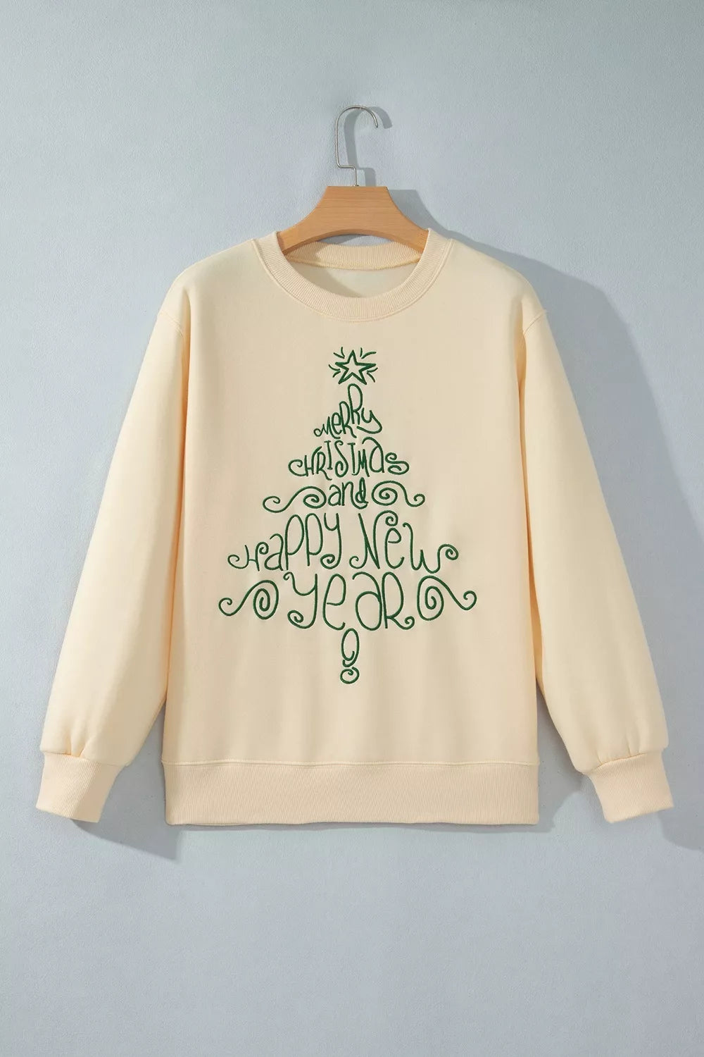 Cream Christmas tree merry christmas and happy new year sweatshirt — front view