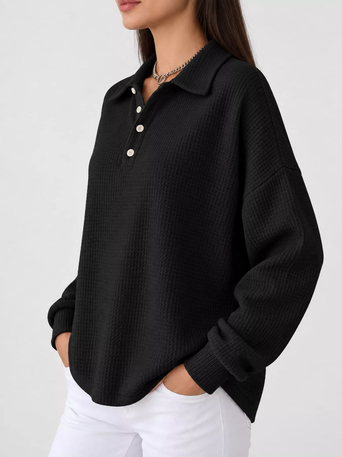Waffle Knit Quarter-Button Polo T-Shirt — side view