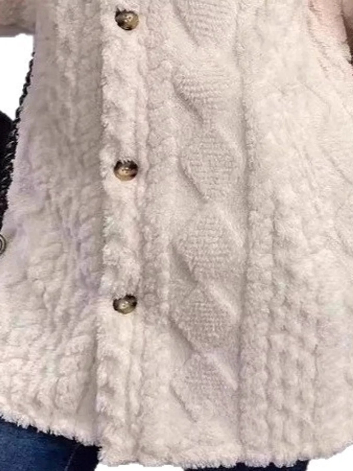 Heather Beige cable knit faux fur hooded jacket, detail view