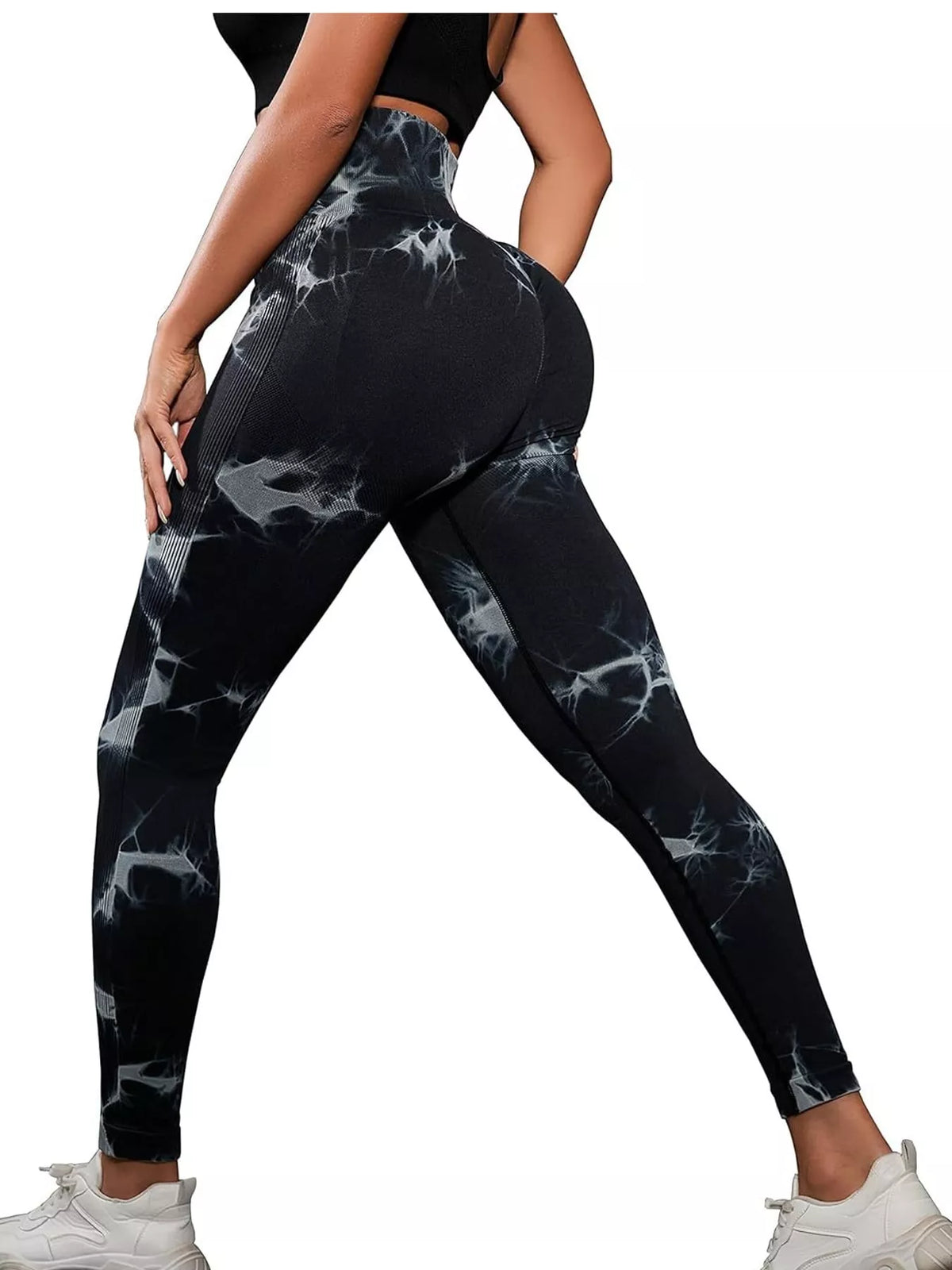 Black high-waisted tie dye seamless active leggings, back view