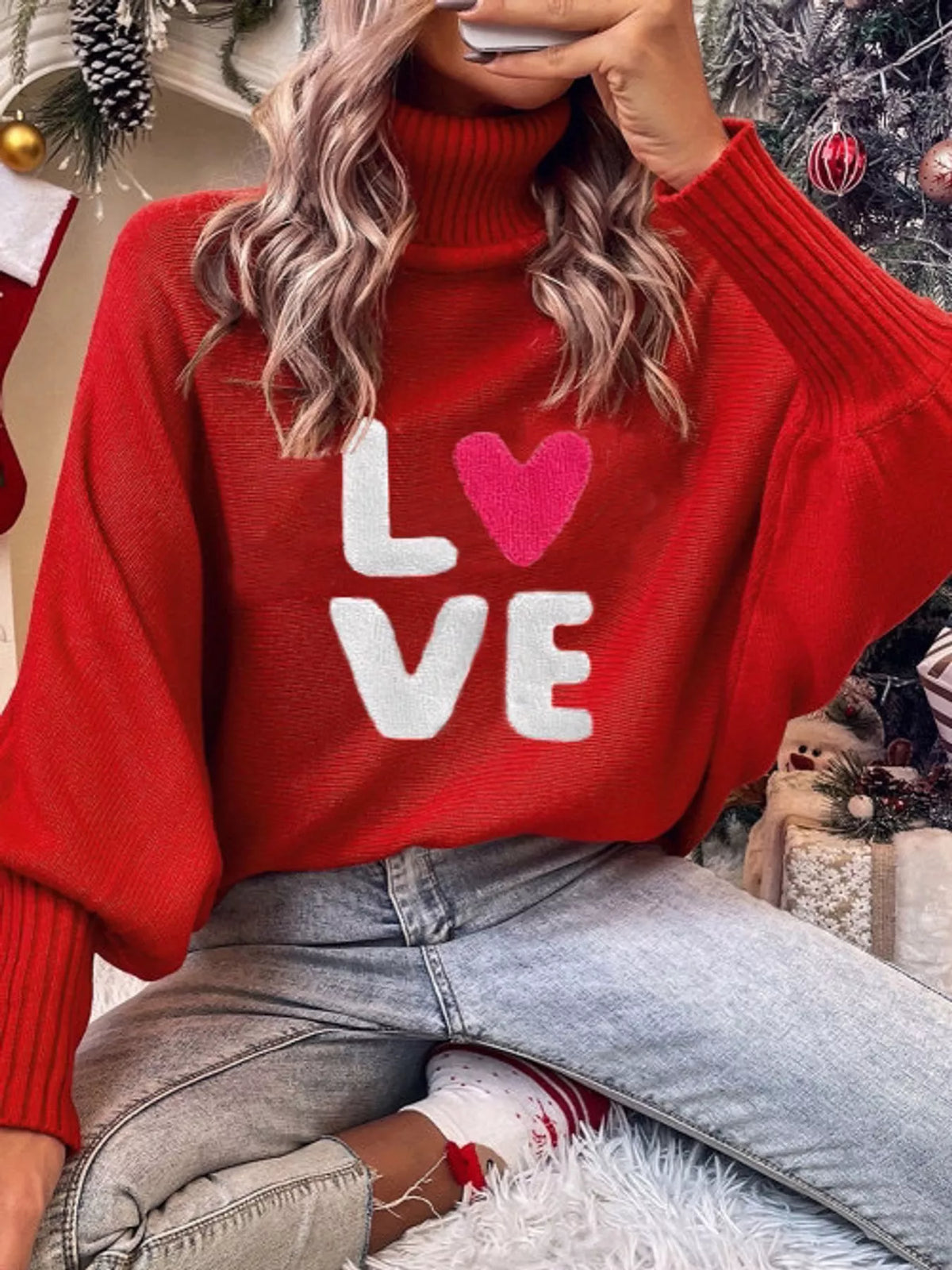 Red LOVE lettering turtleneck sweater