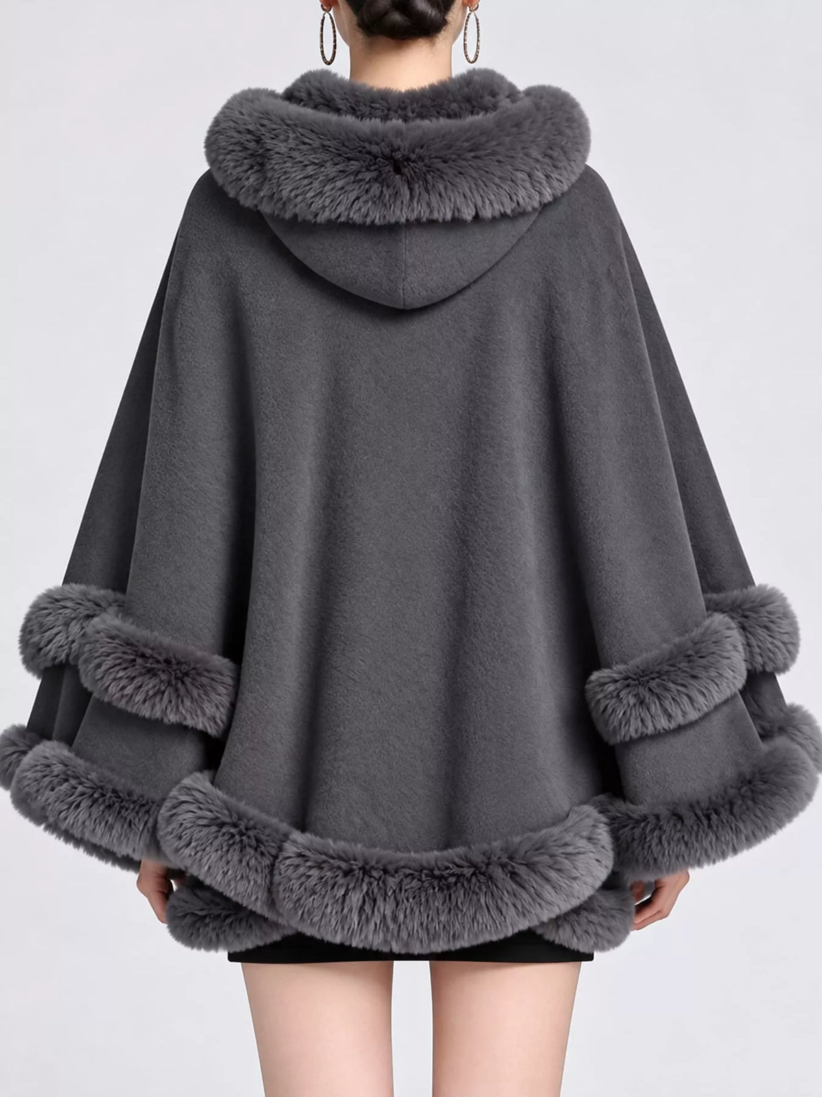 Faux-fur-trim cape, gray back