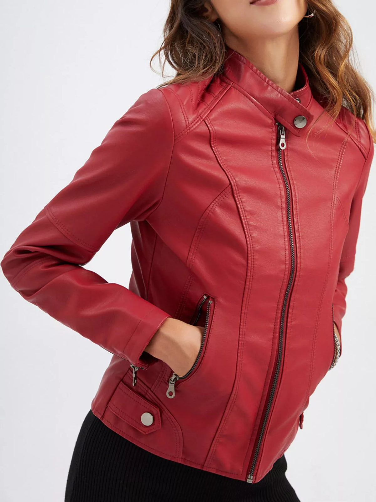Faux-leather moto jacket, red zipped front