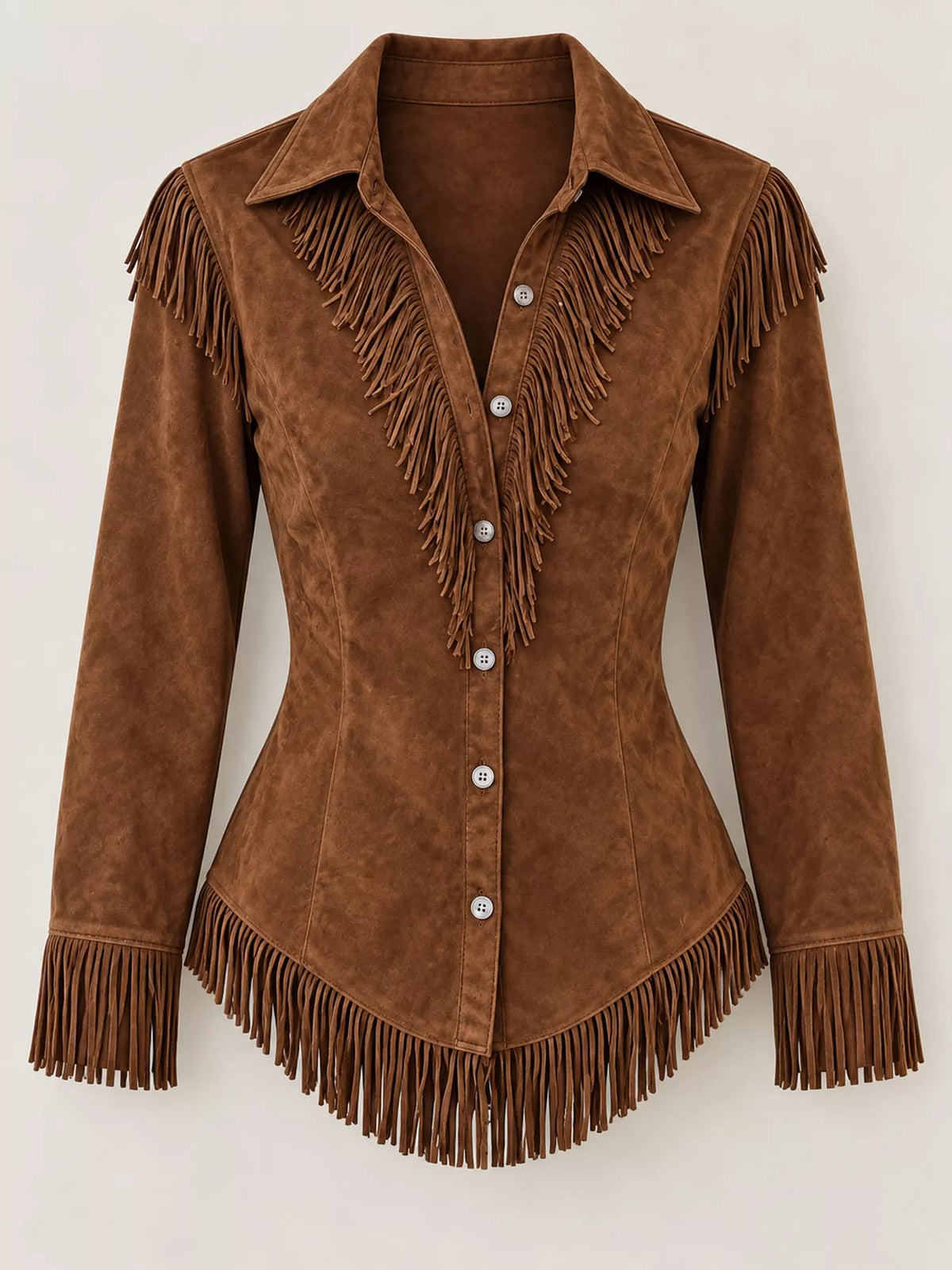 Fringe-detail shirt, brown hanging front