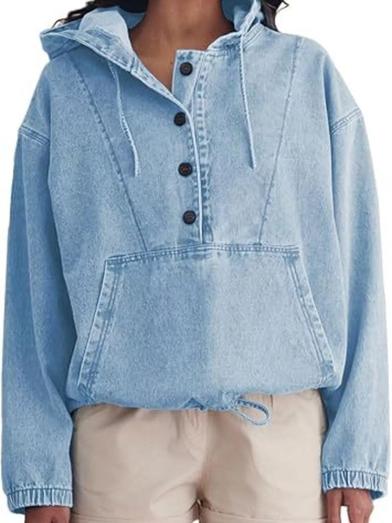 Trendsi Casual Hooded Kangaroo Pocket Denim Jacket -