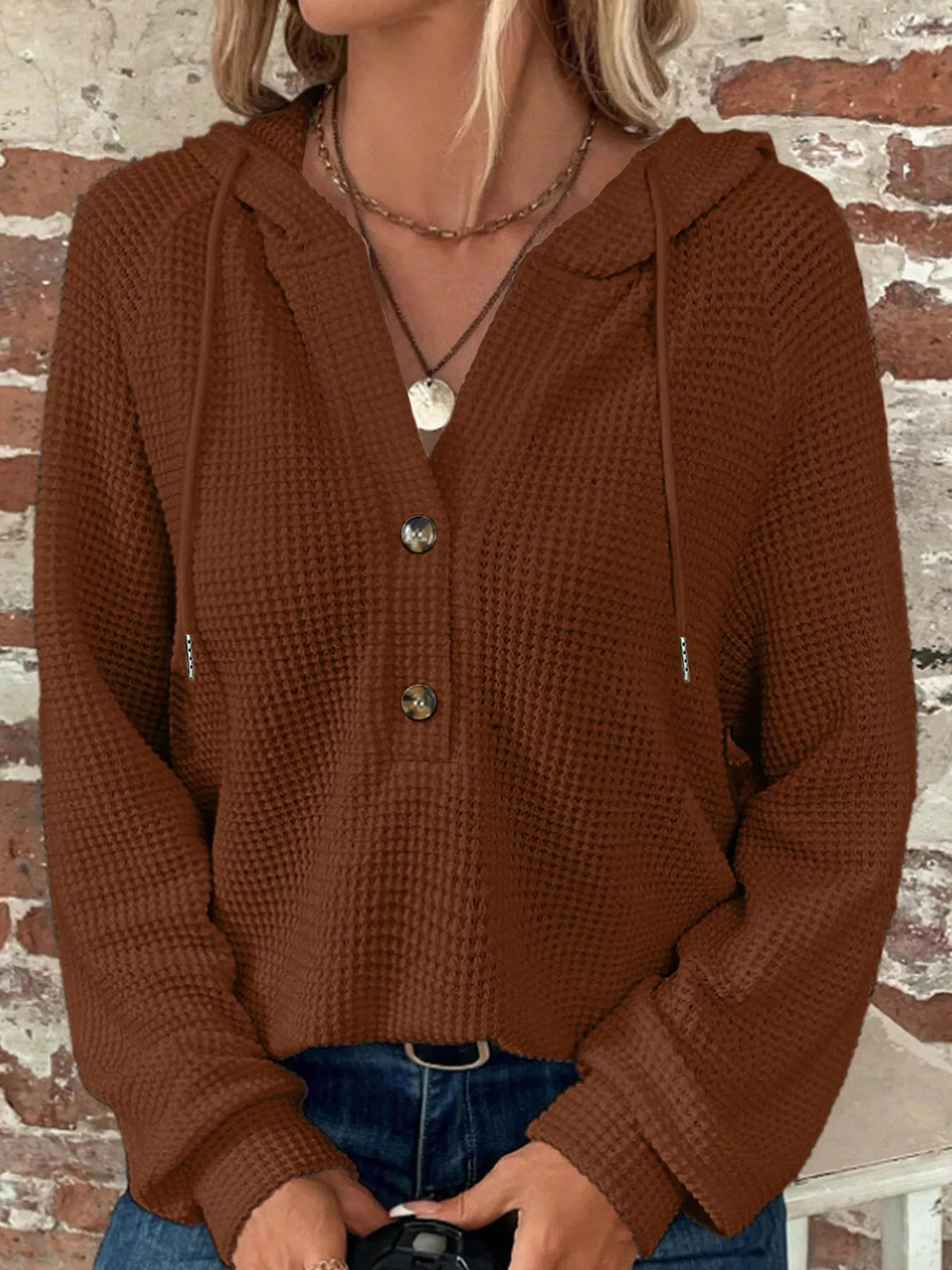 Brown waffle knit button-detail hoodie