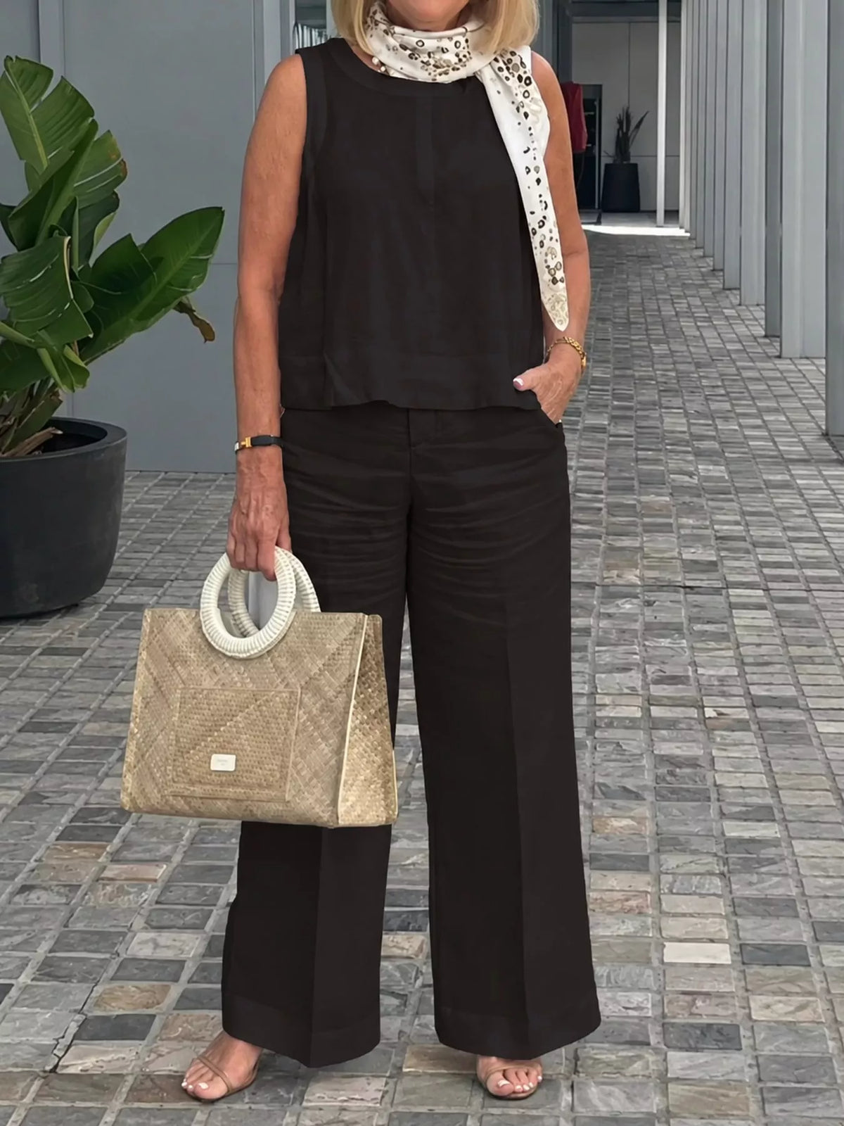 Sleeveless Top and Wide-Leg Pants Set — front view