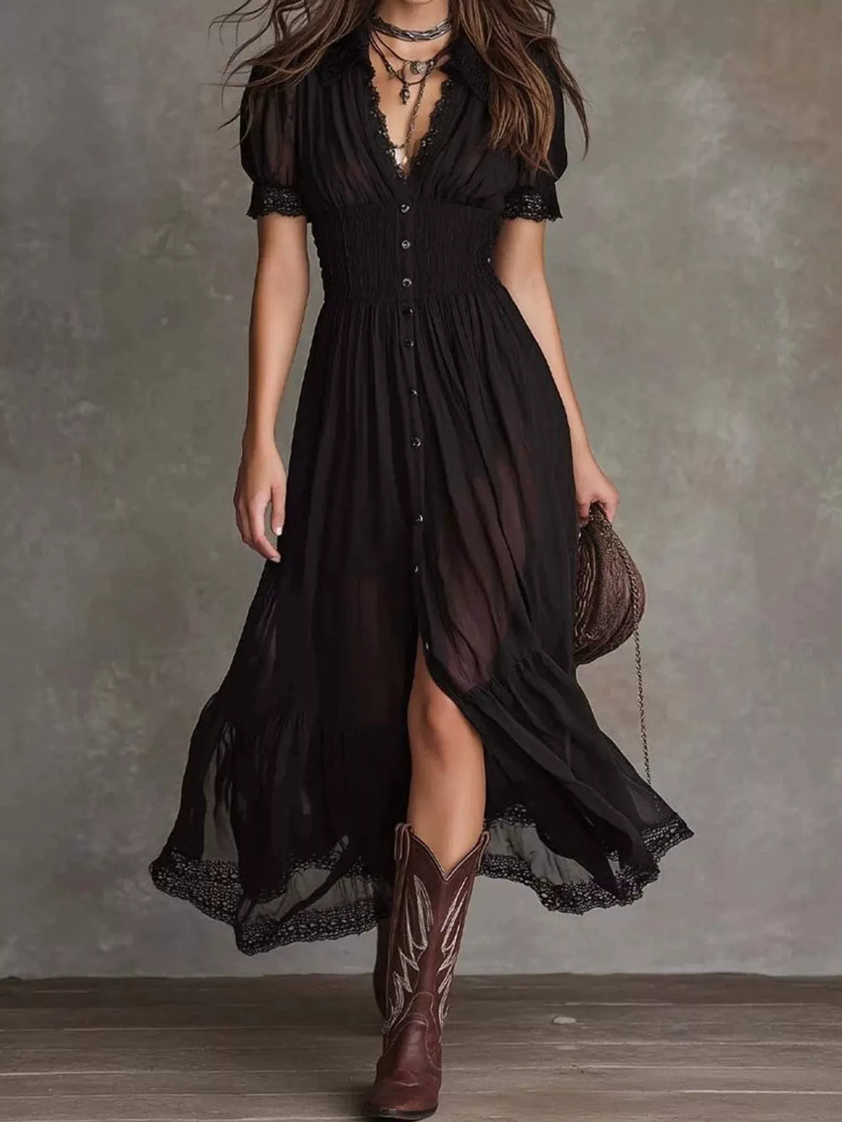 Black button-down midi dress with lace trim