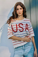 Trendsi SO ME Usa Stripe Knit Short Sleeves Sweater Top -