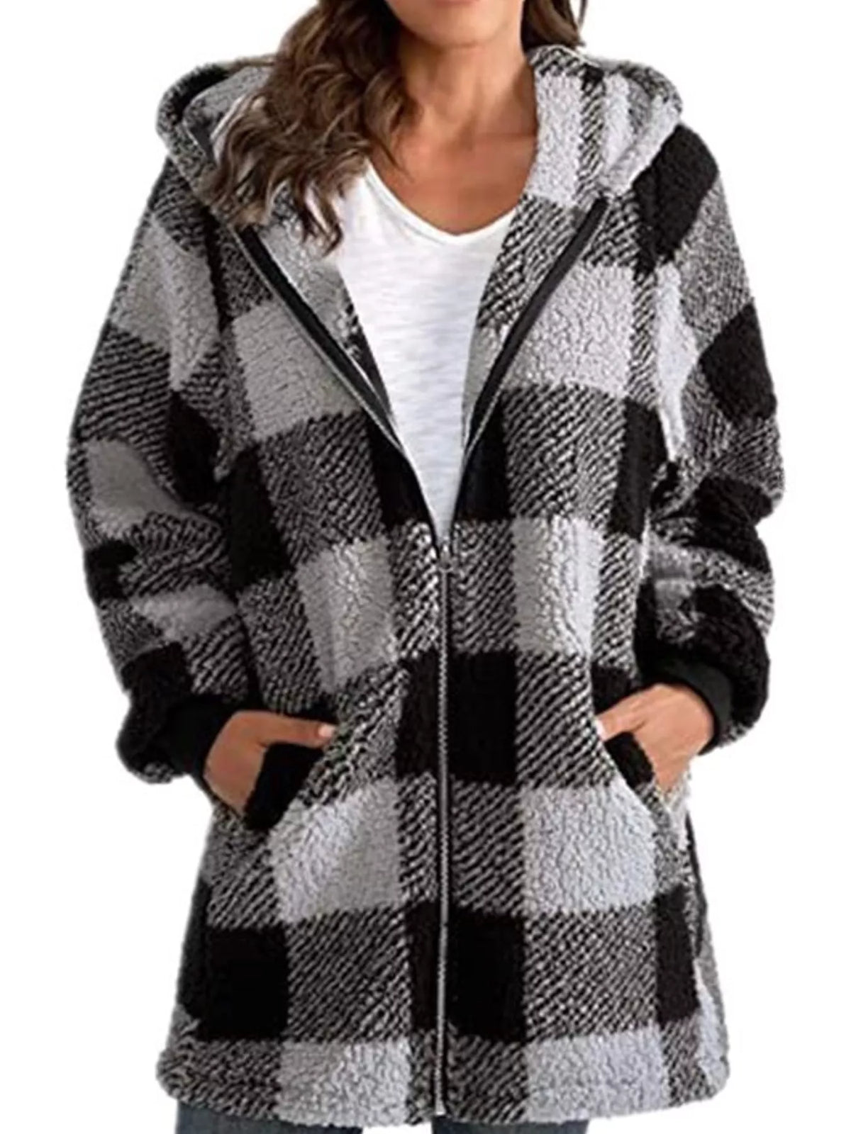 Gray and black plaid sherpa hooded zip up jacket, front view