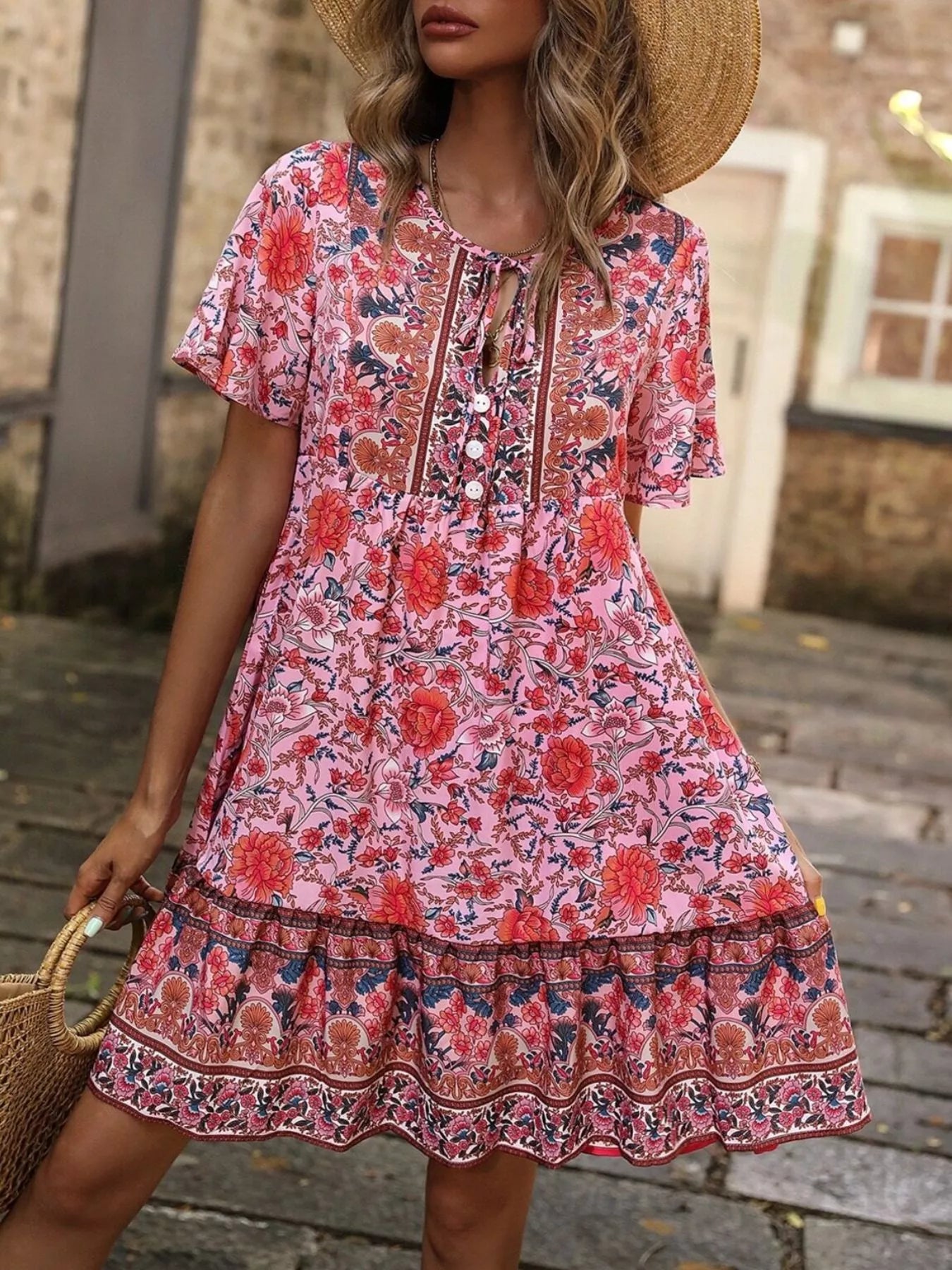 Trendsi Floral Print Tie-Neck Ruffle Hem Mini Dress -