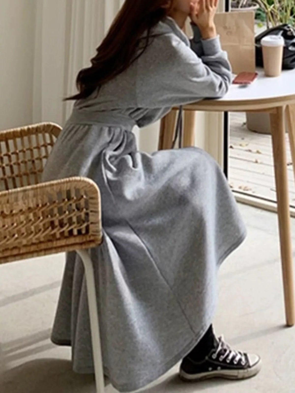 Hooded Long Sleeve A-Line Sweatshirt Dress in gray