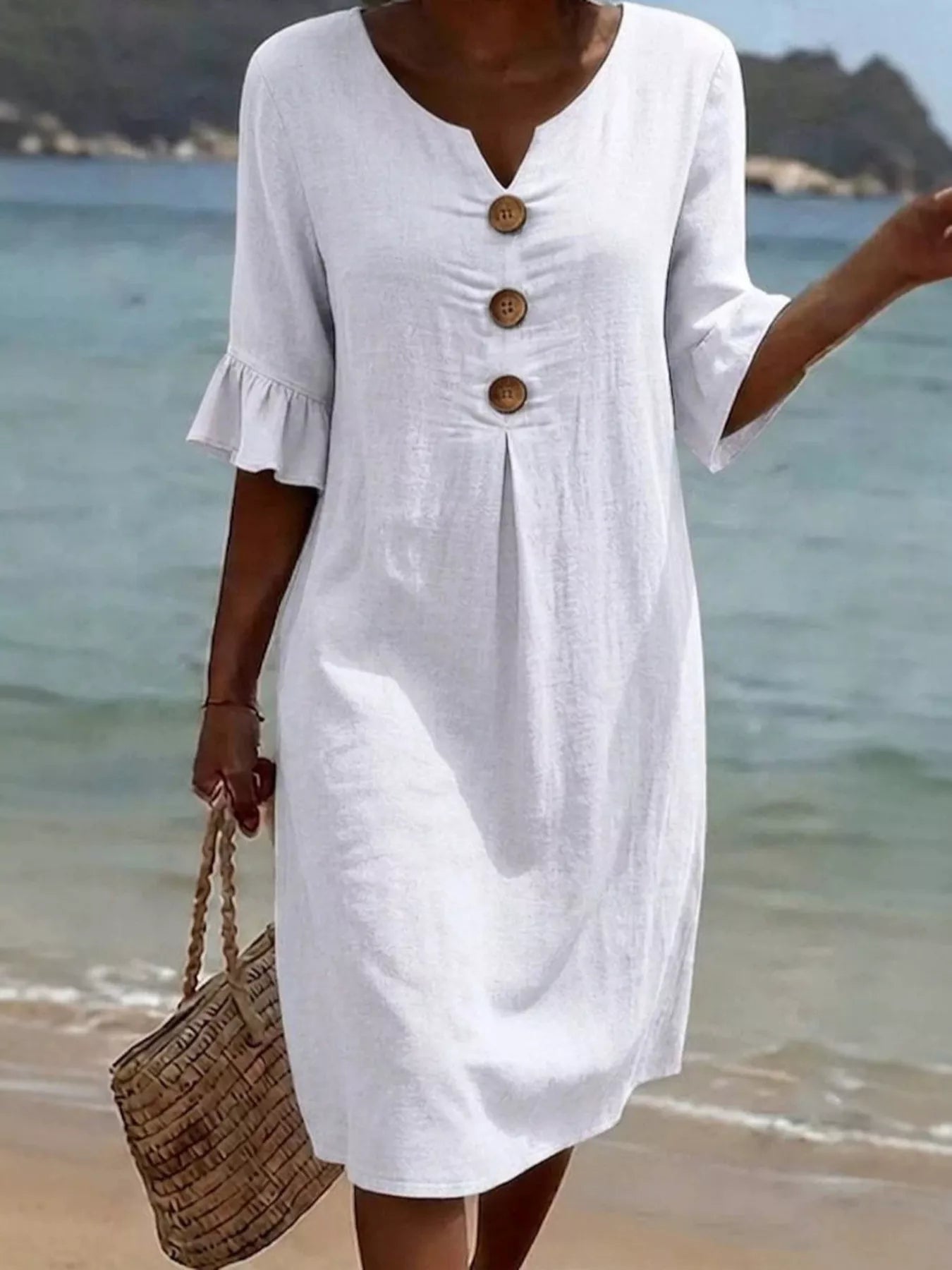 Trendsi Full Size Casual Decor Button Dress with Ruffle Sleeves Plus Size -