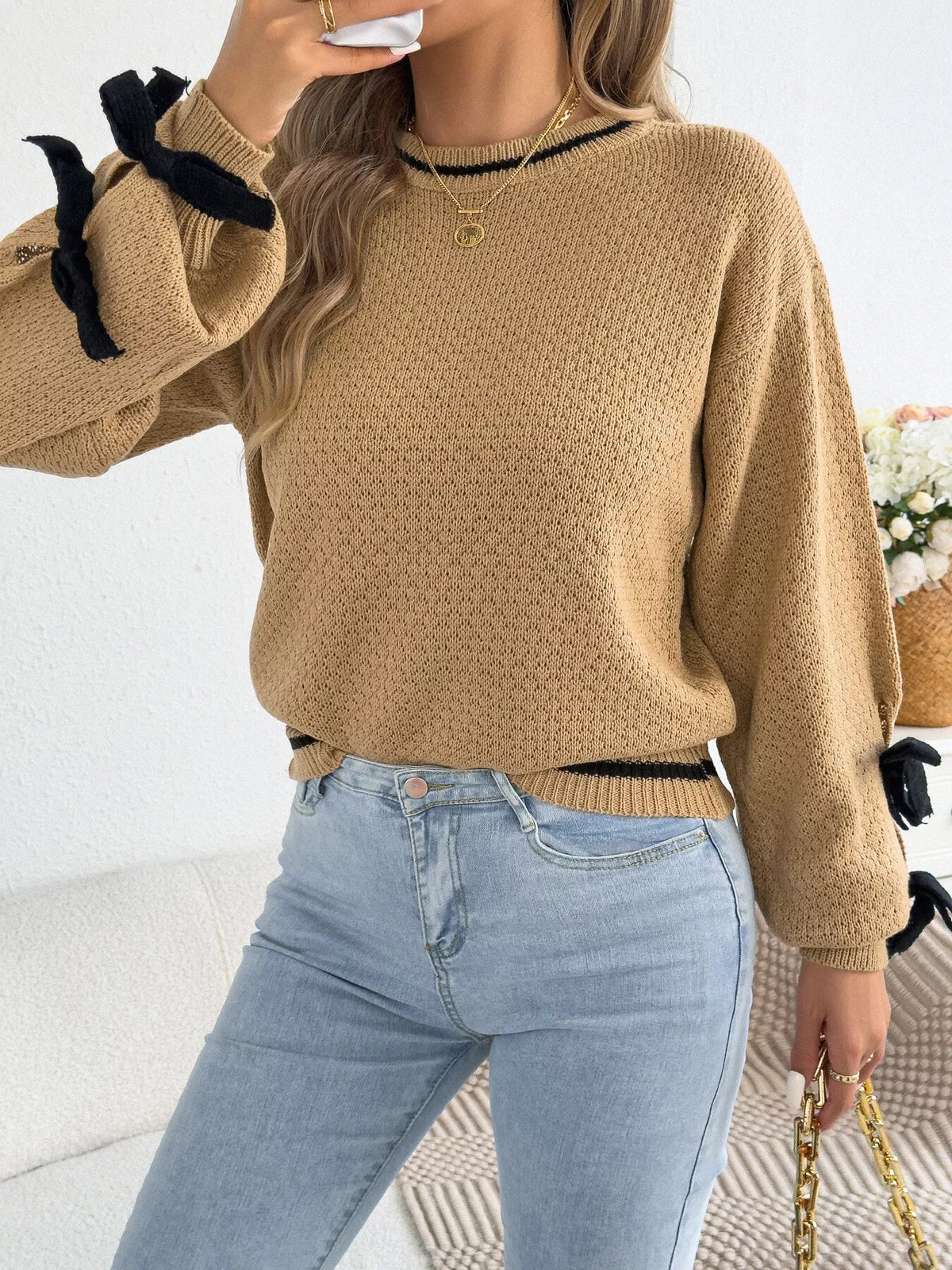 Khaki Color contrast bow-tie sleeve crew neck sweater