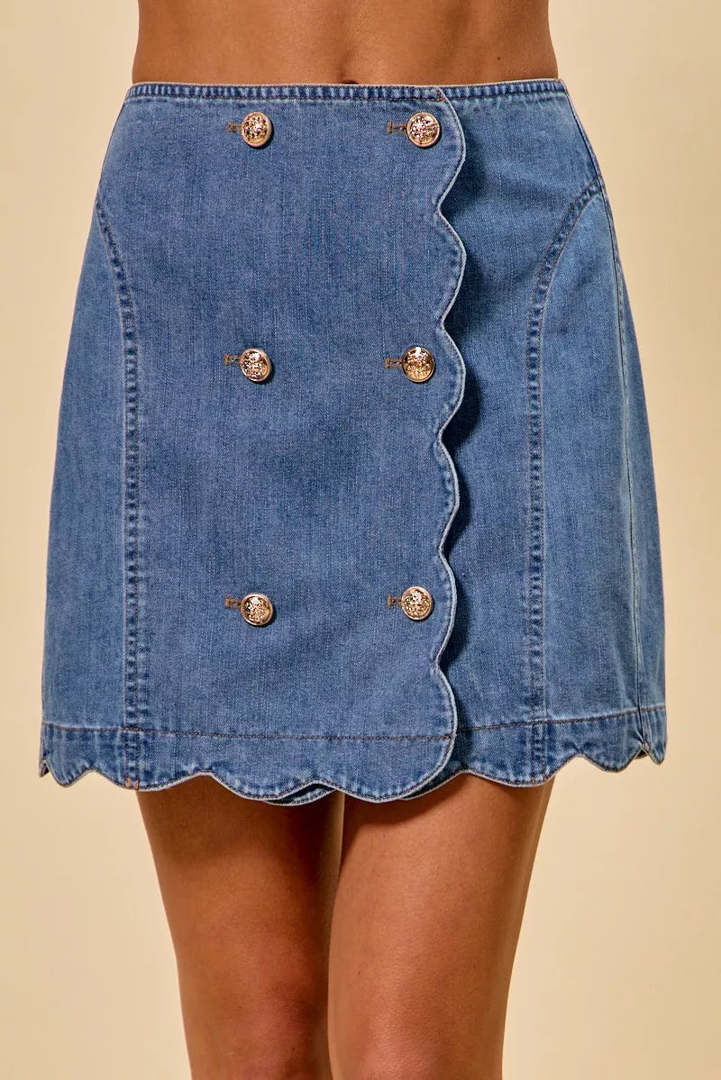 Trendsi SO ME Denim Scalloped Buttoned Front Skirt -