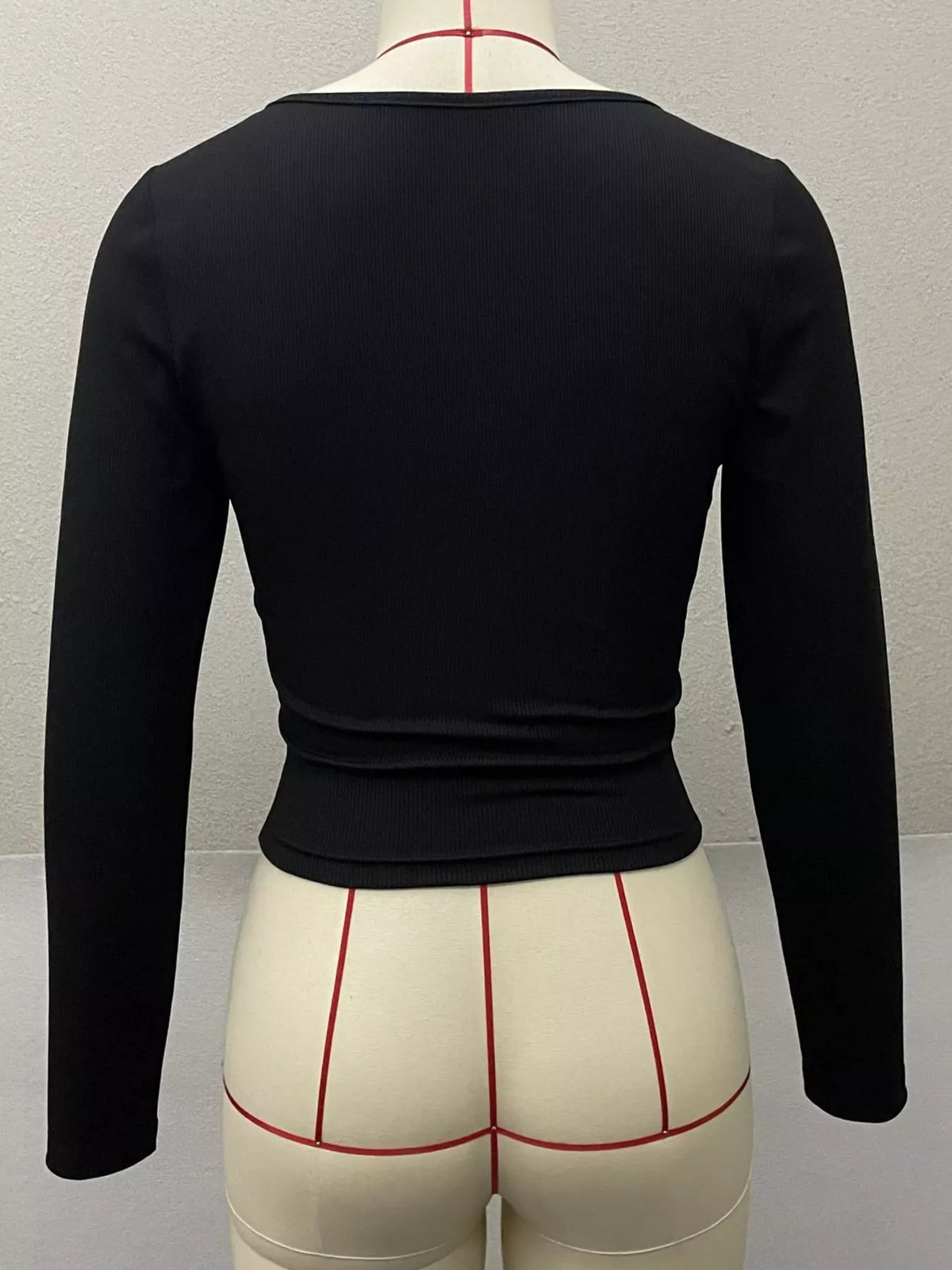 Black slit square neck long sleeve t-shirt, back view