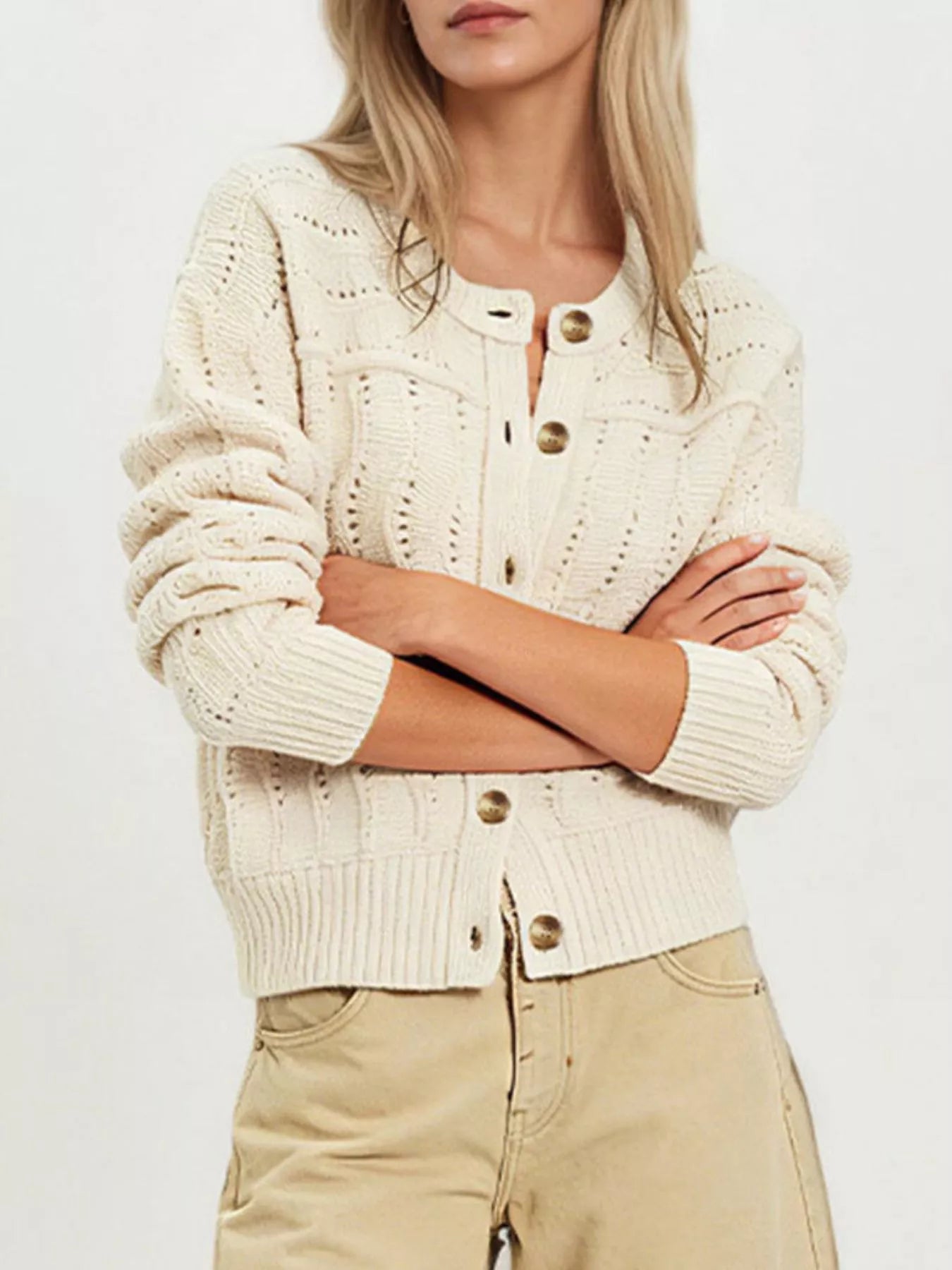 Trendsi Openwork Button-Down Knit Cardigan -