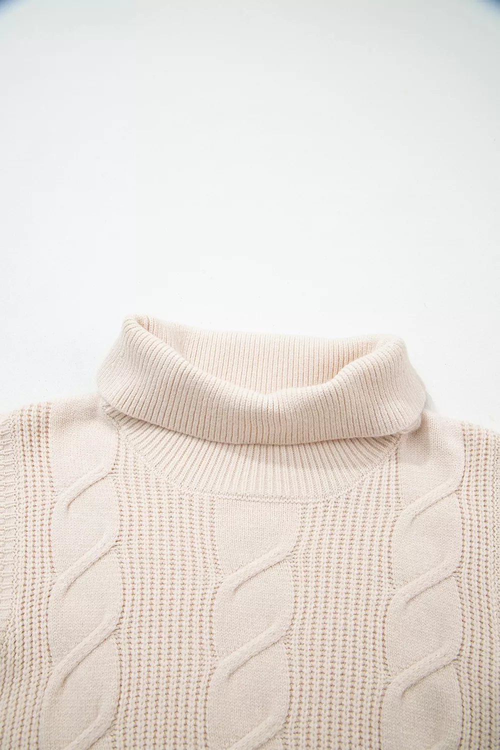 Trendsi Cable Knit Turtleneck Ruffled Short Sleeve Sweater -