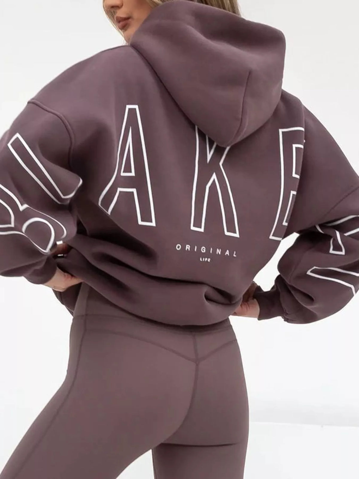 Mauve letter-print pullover hoodie with kangaroo pocket, back lettering view