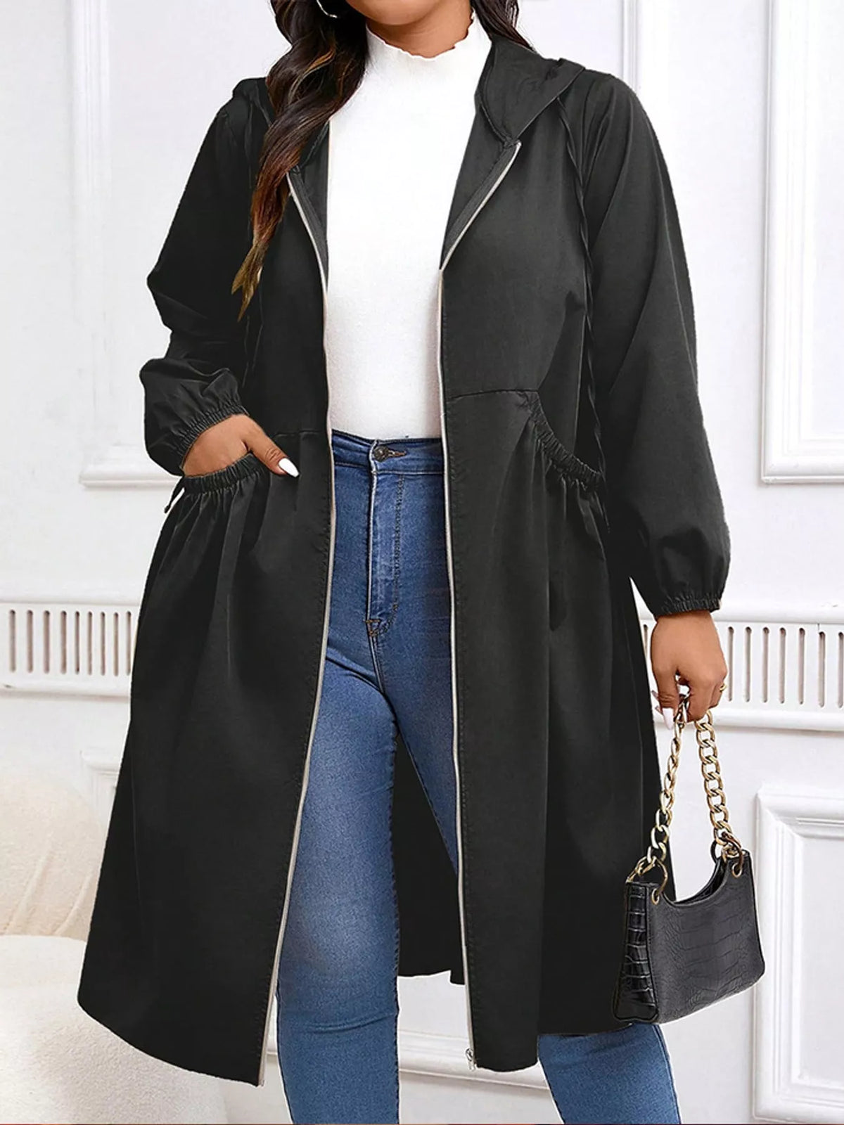 Hooded longline jacket, black front