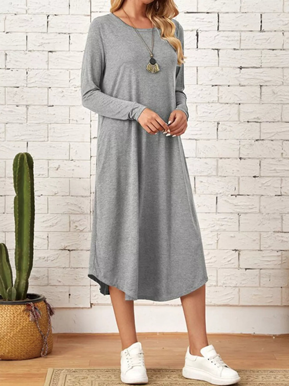 Round neck long sleeve midi dress, front view on model