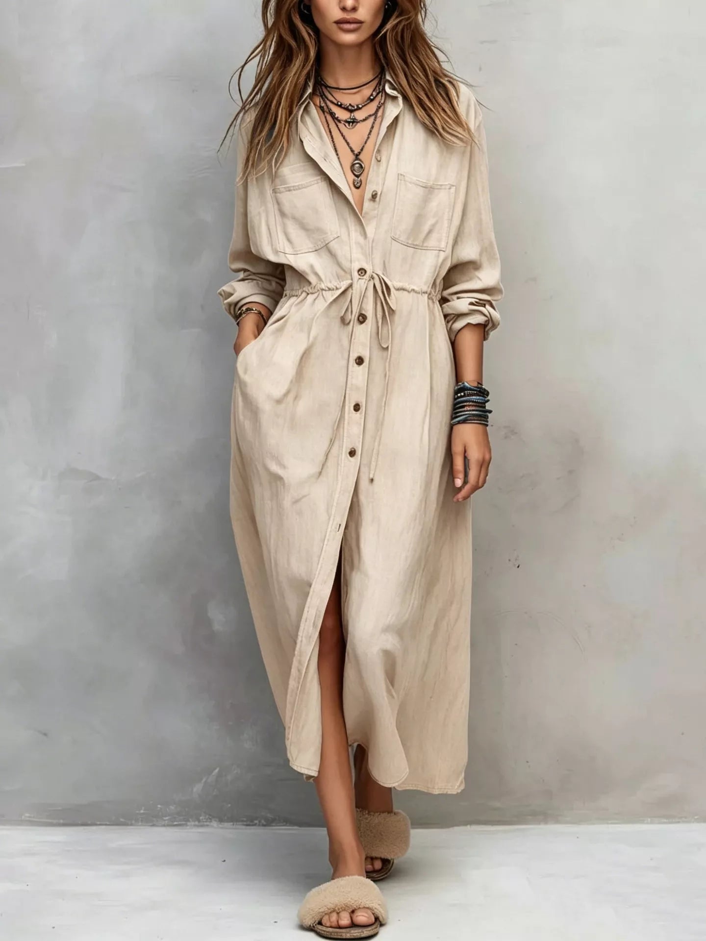 Trendsi Full Size Button Front Long Sleeve Shirt Dress Plus Size - Dresses