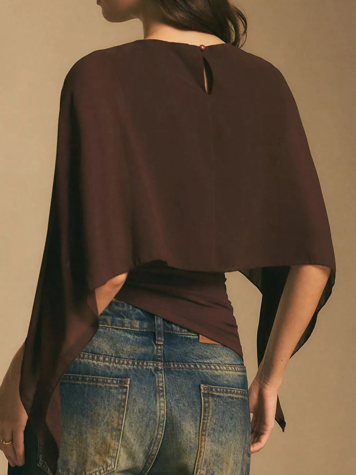 Coffee cape sleeve round neck blouse, back view