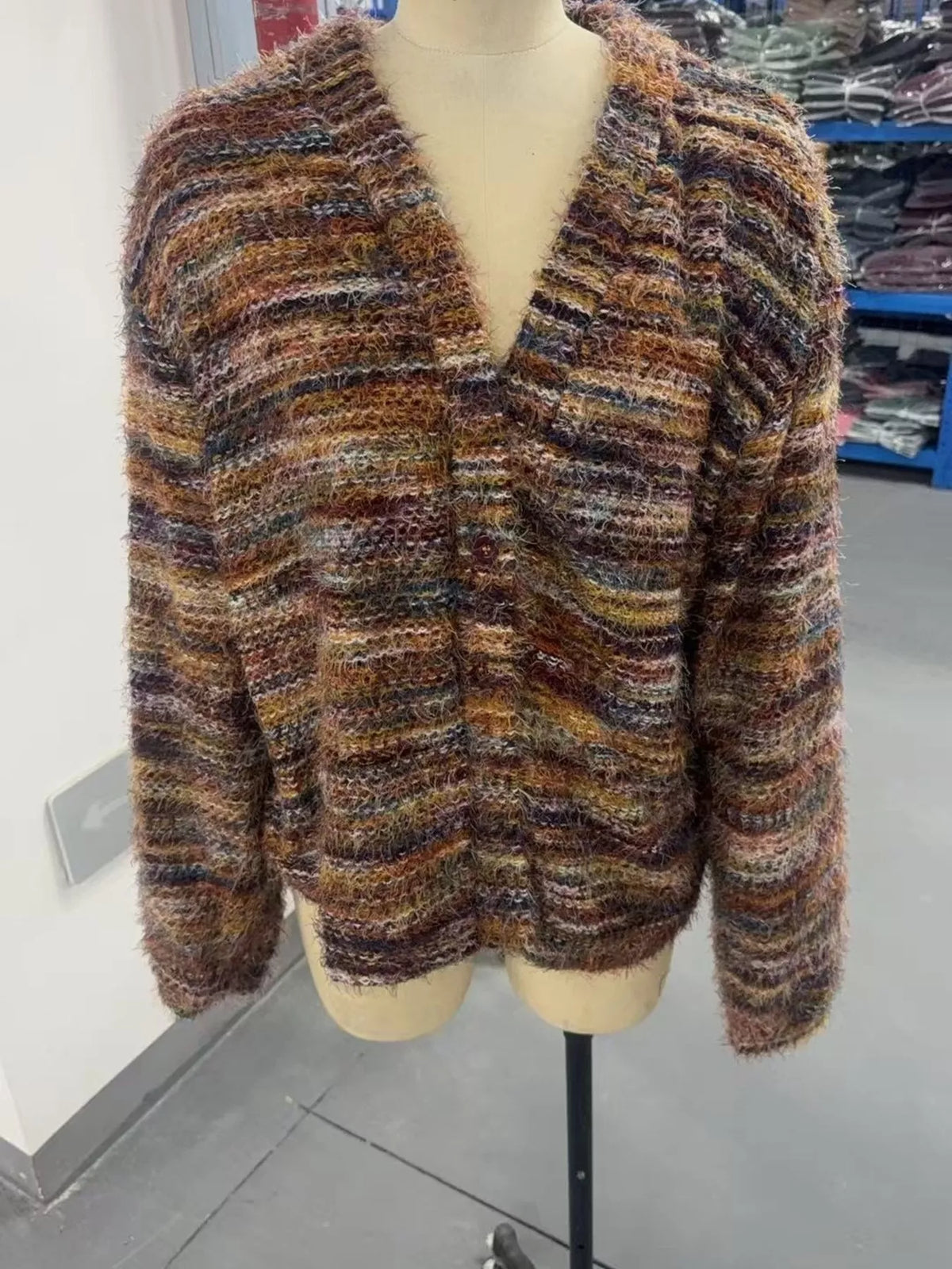 Fuzzy Knit V-Neck Button-Down Cardigan — garment front