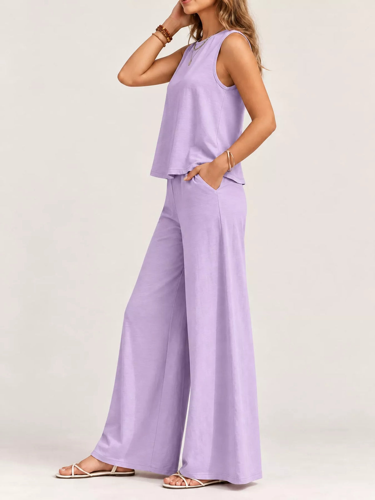 Sleeveless Tank Top and Wide-Leg Pants Set — side view