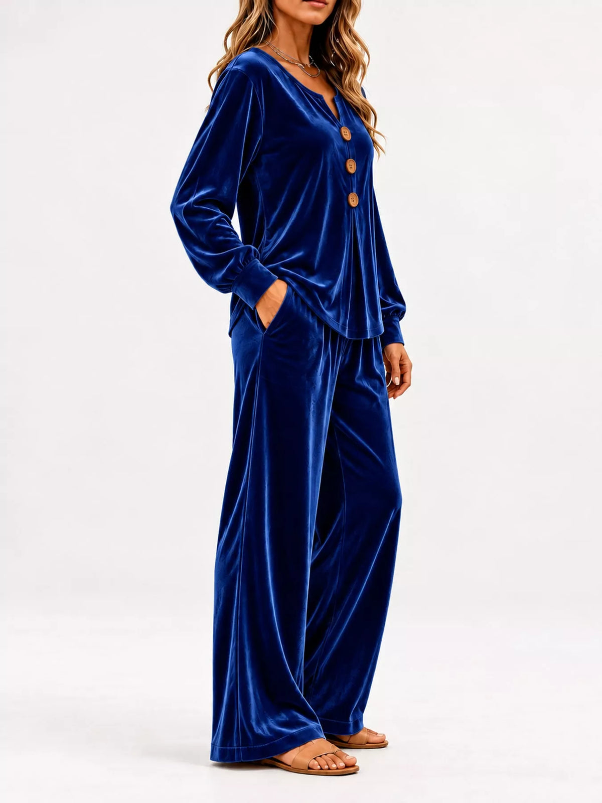 Navy decorative button top and pants set — side view