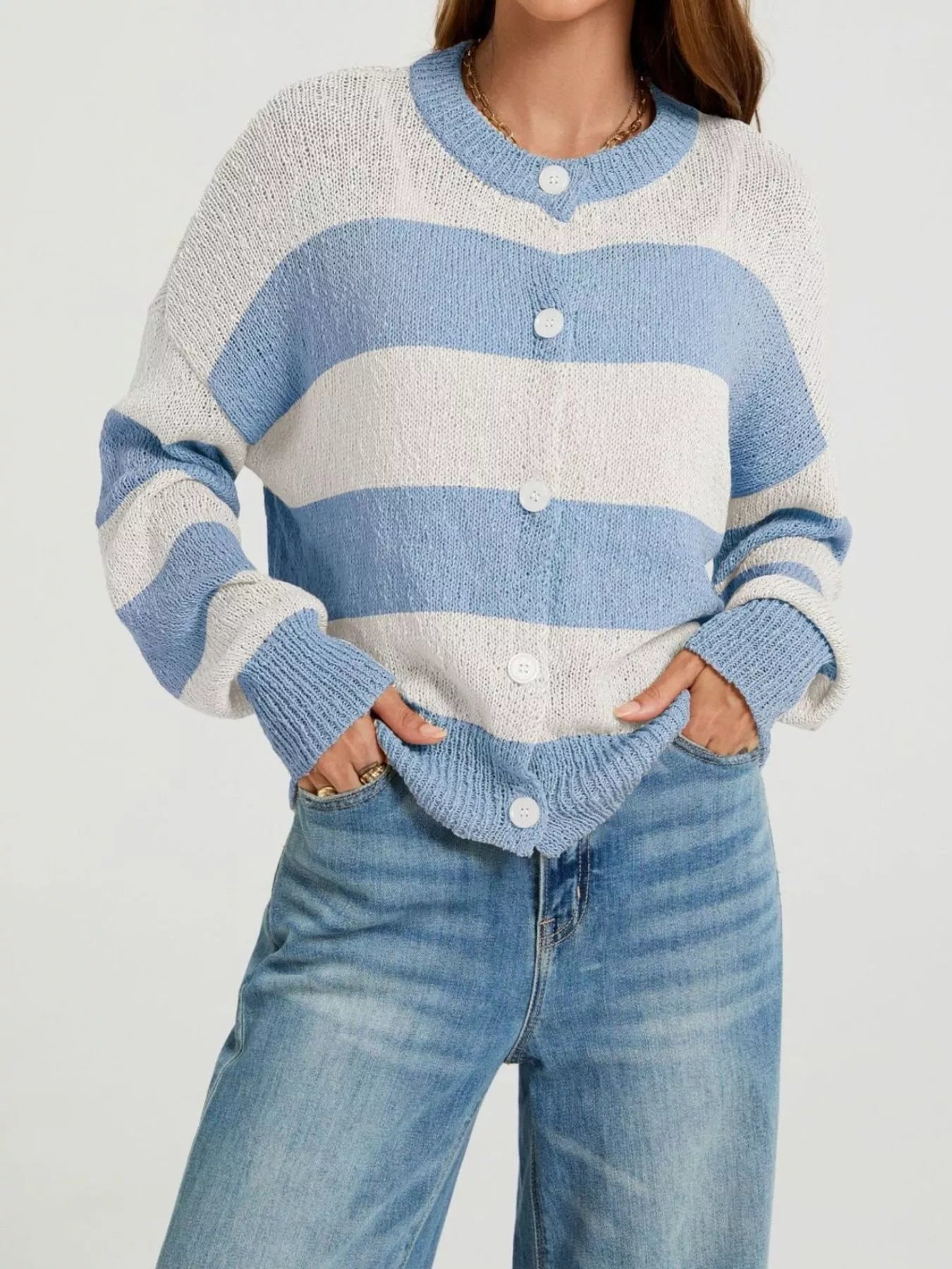 Trendsi Casual Striped Button-Down Knit Cardigan -
