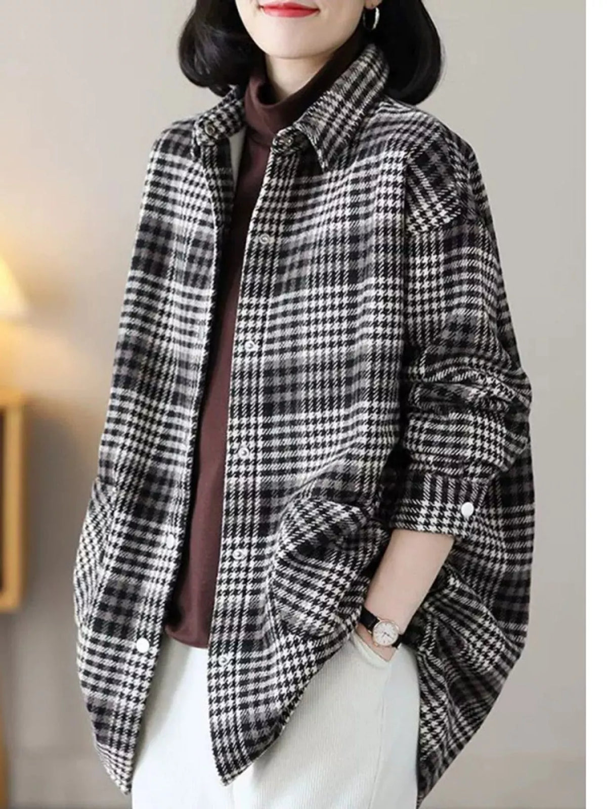 Black oversized plaid fleece-lined brushed shirt
