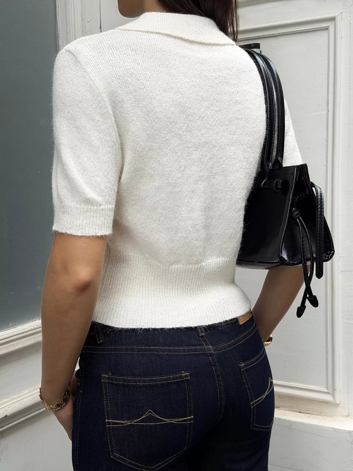 Button front short sleeve sweater