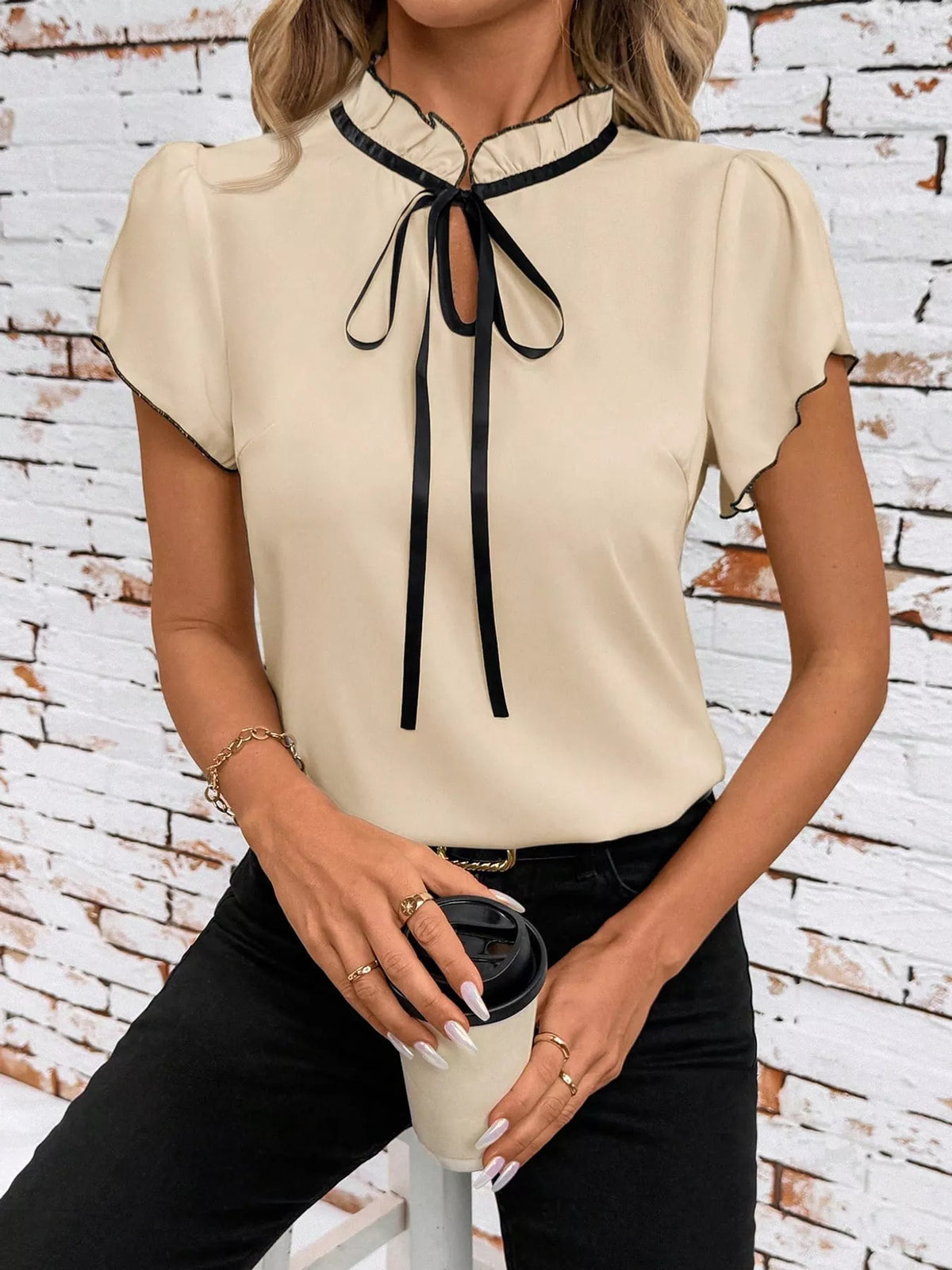 Contrast Trim Ruffle Sleeve Tie-Front Blouse, detail view in beige and black