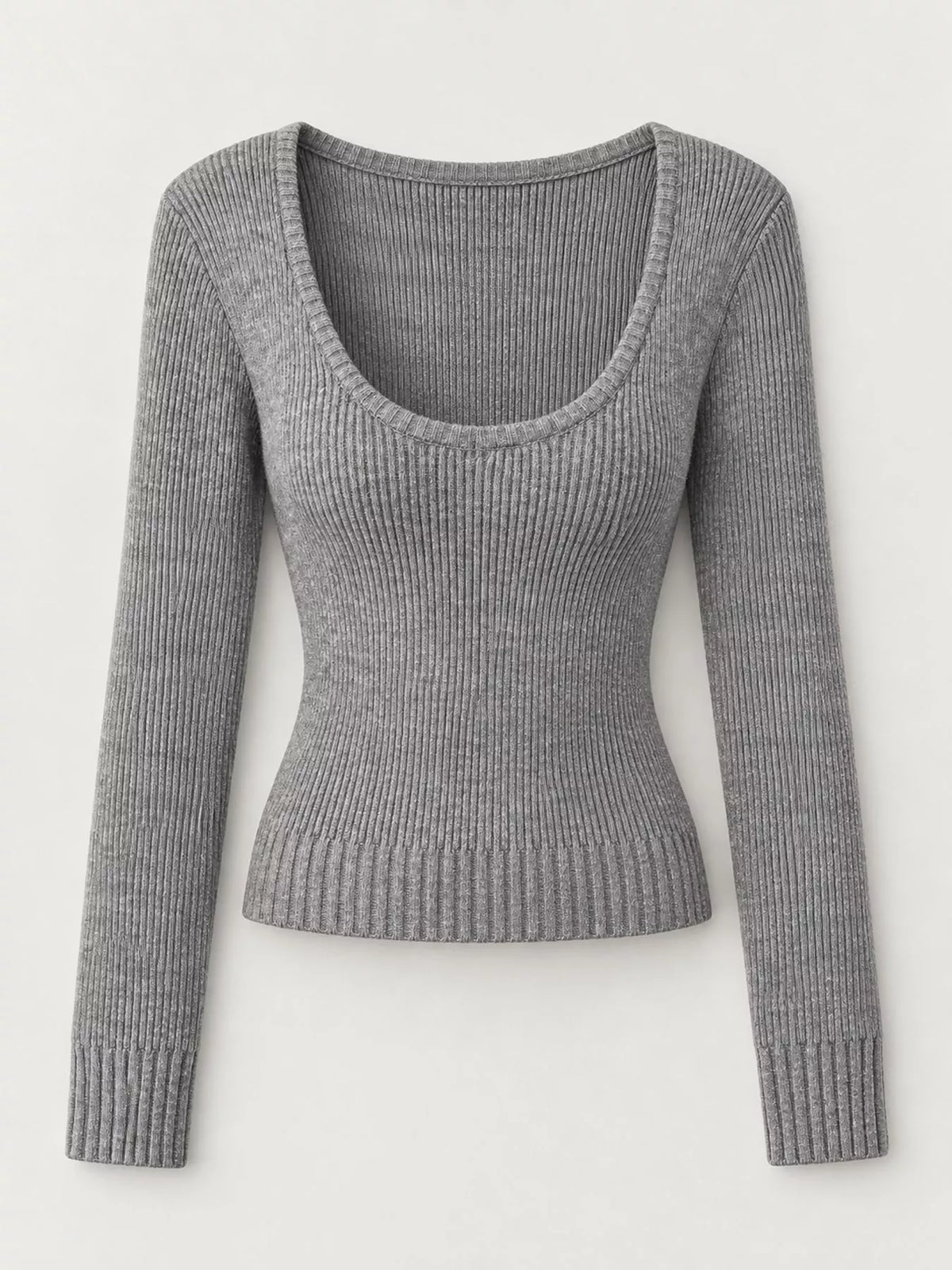 Gray scoop neck ribbed knit slim fit sweater, front view