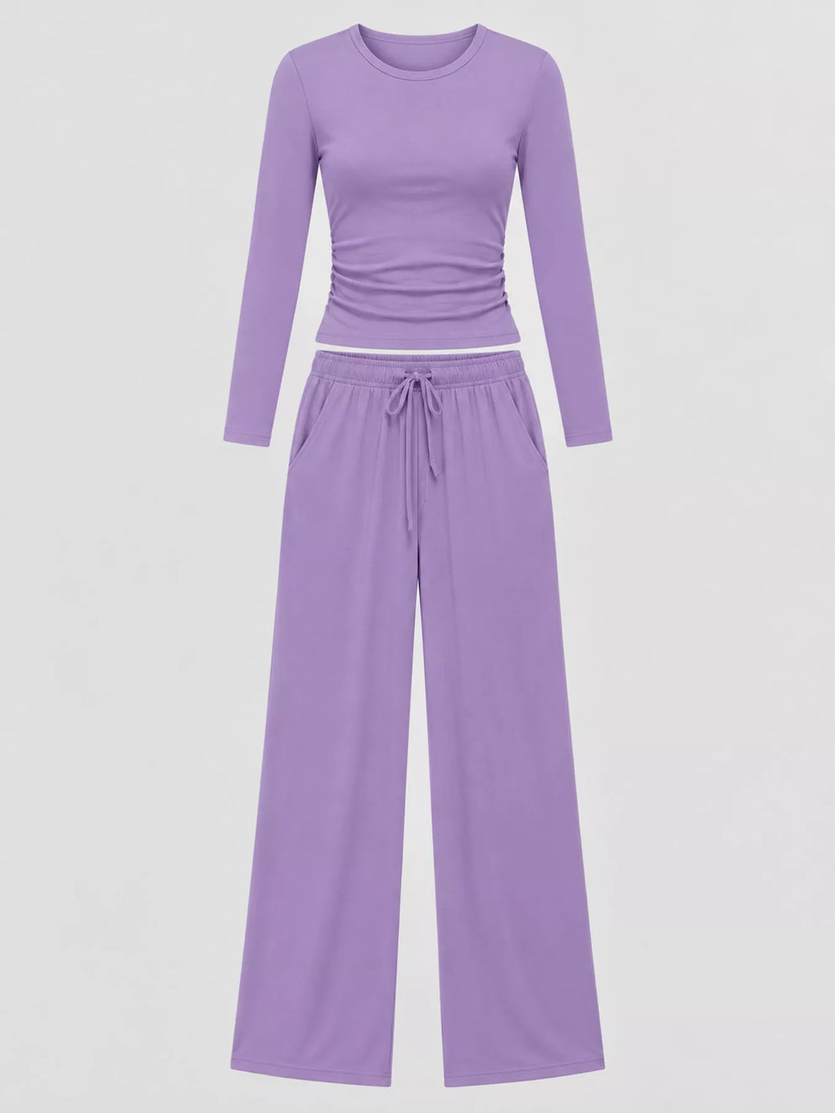 Long Sleeve Top and Wide-Leg Drawstring Pants Set — garment front
