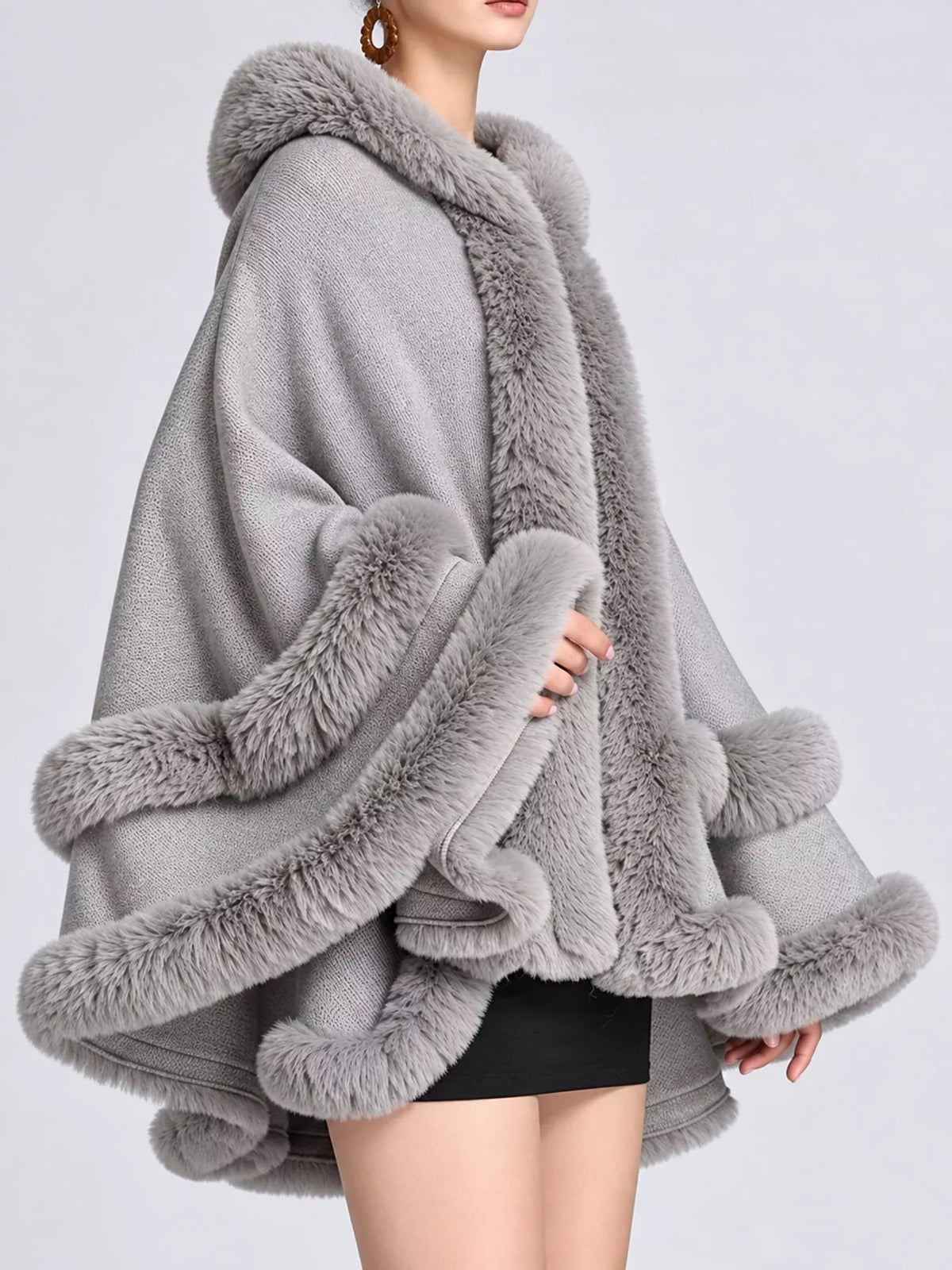 Faux-fur-trim cape, light gray side