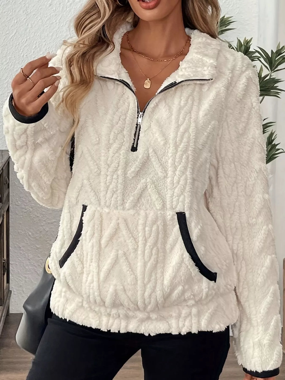 Women's Quarter-Zip Sherpa Sweatshirt in cream — front view