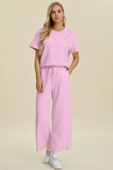 Trendsi Double Take Full Size Texture Round Neck Short Sleeve Top and Pants Set -