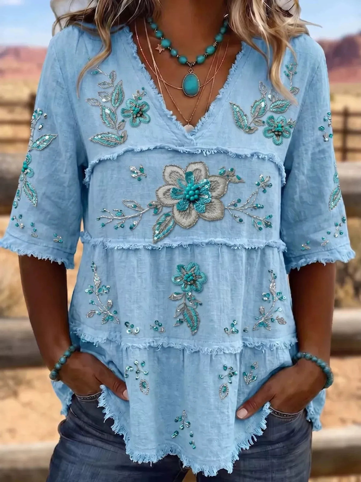Trendsi Full Size Floral Raw Hem V-Neck Blouse Plus Size -