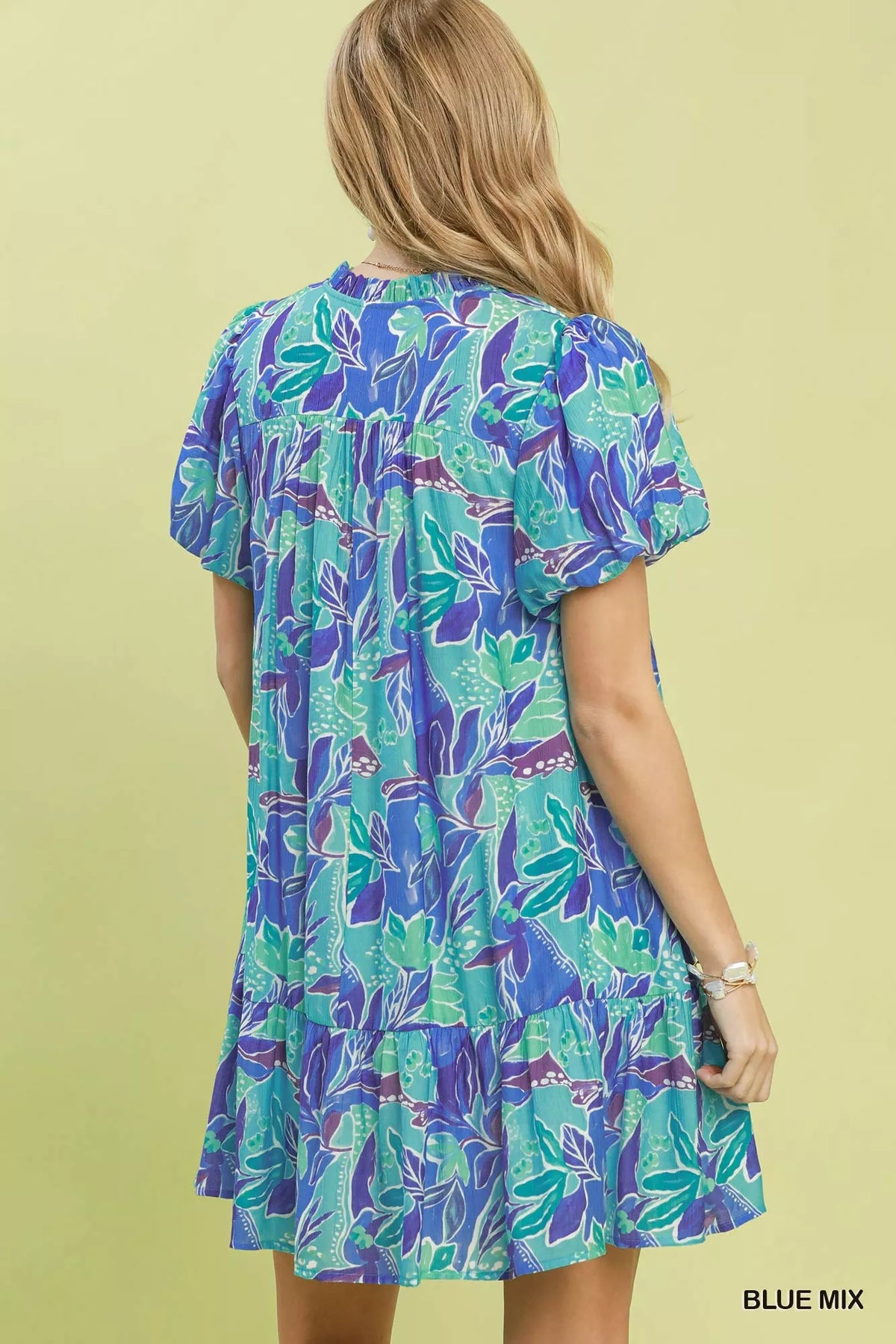 Women's Tropical Floral Puff Sleeve Tiered Mini Dress With Pockets — product view 3