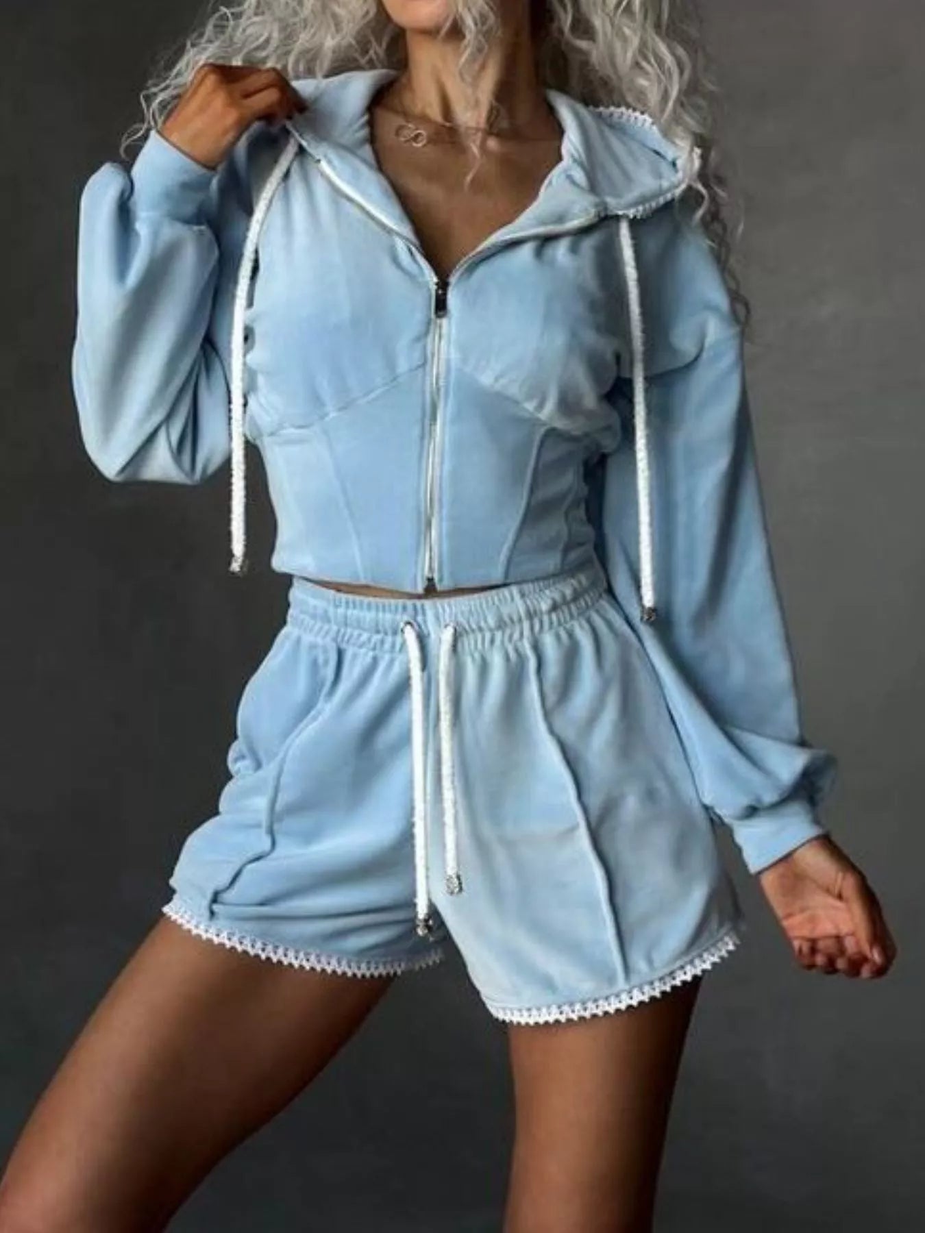 Trendsi Drawstring Zip-Up Hoodie and Shorts Set -