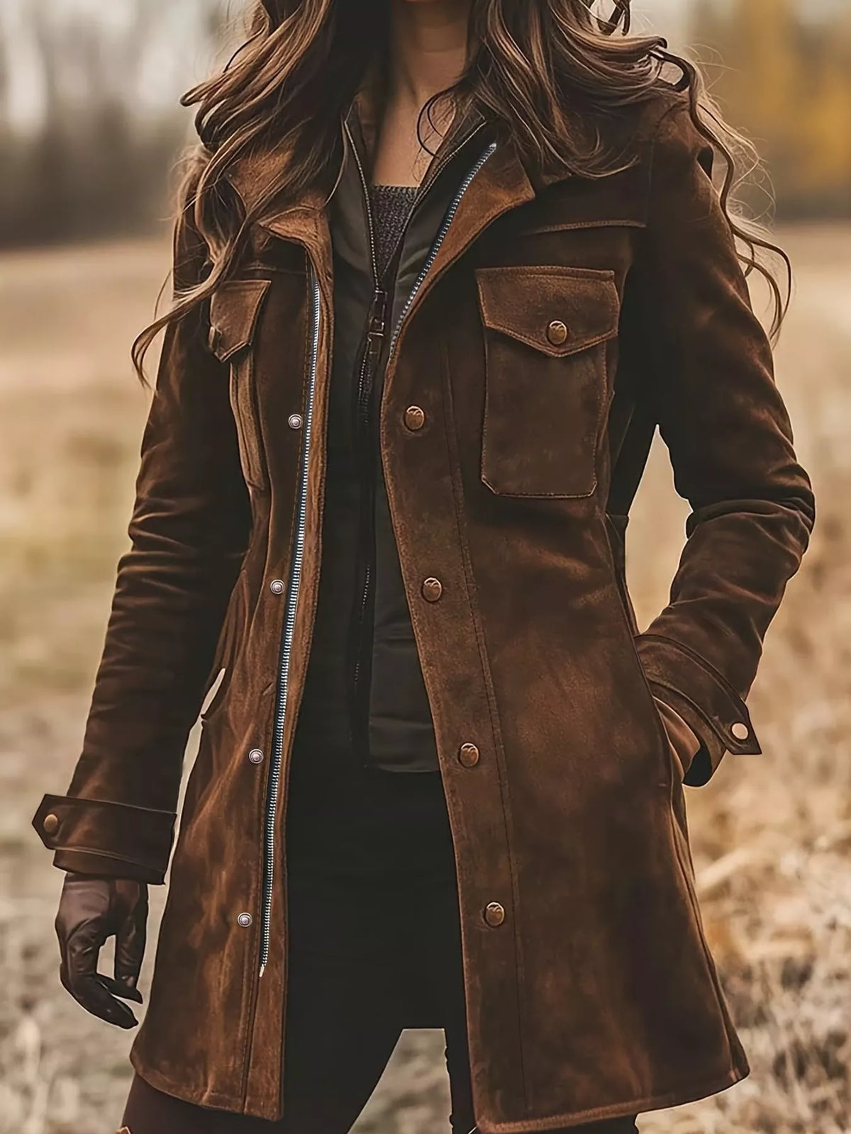 Brown long sleeve jacket with front pockets, button front and pocket detail